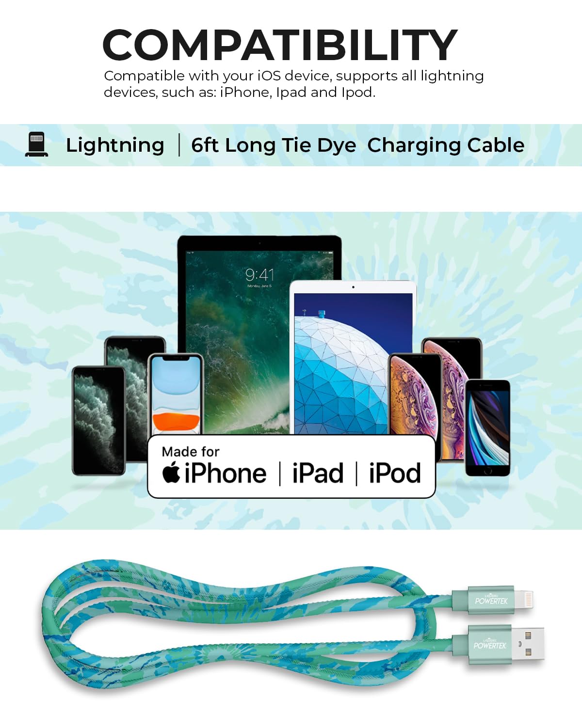 LIQUIPEL Powertek – Cable de carga Lightning para iPad y iPhone, carga rápida, MFI de 6 pies, teñido anudado negro (verde)