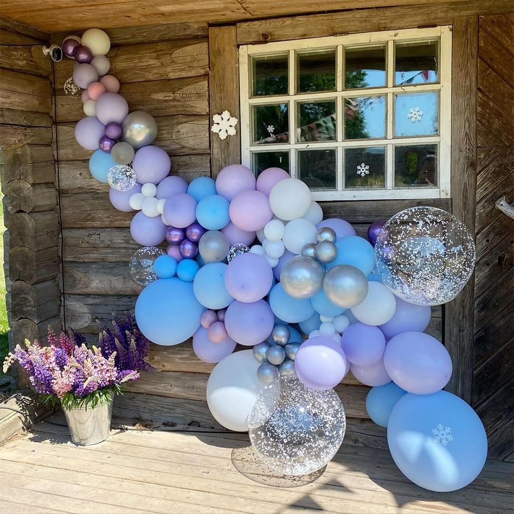 Kit de arco de guirnalda de globos de copo de nieve azul y morado, 148 globos de hielo azul nieve, morado, plateado y blanco para invierno, país de