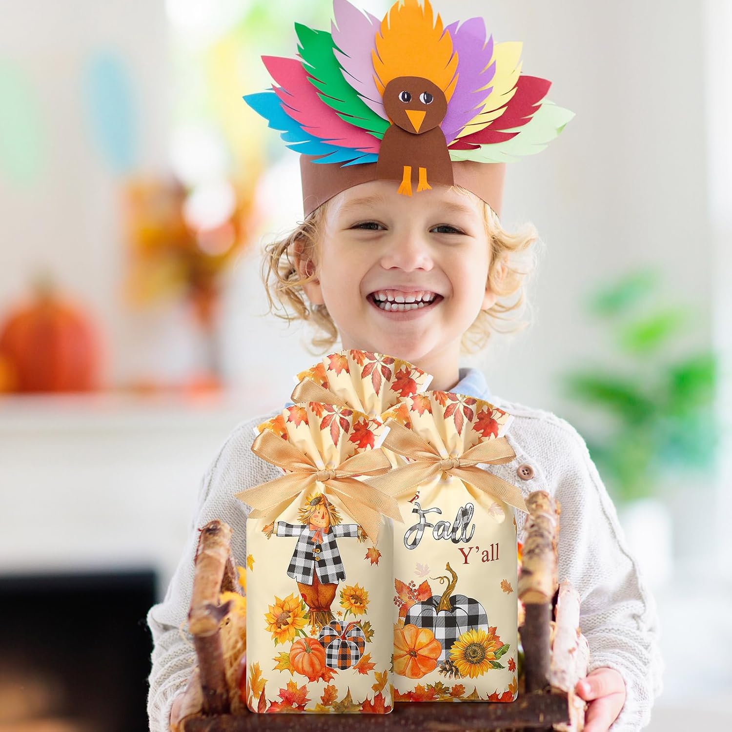 Qeeenar 60 bolsas de plástico de otoño con cordón, pequeñas bolsas de regalo de otoño a granel, hojas de arce y calabaza, bolsas de plástico para