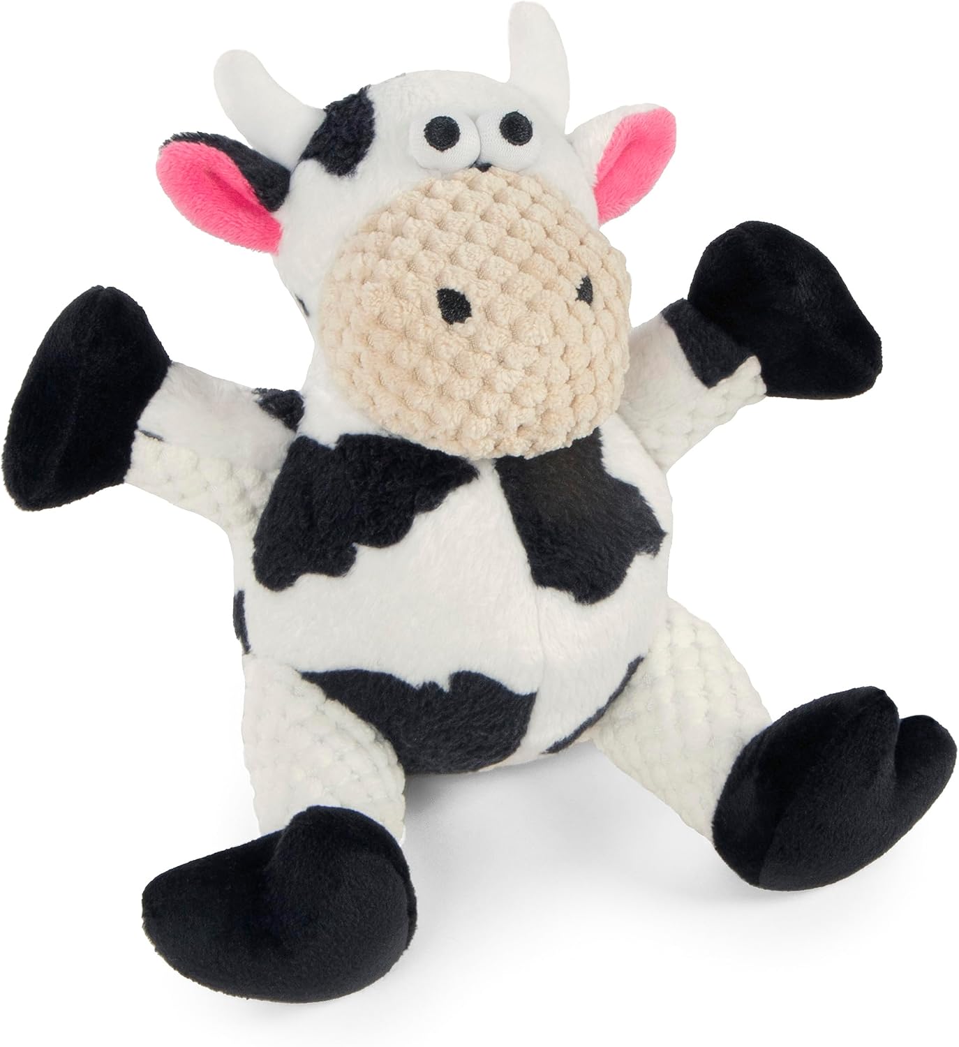 goDog Juguete chirriante de peluche para perro de vaca sentada, tecnología Chew Guard, color blanco, pequeño
