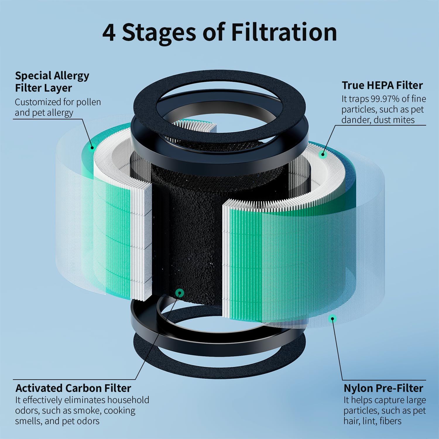 Paquete de 2 filtros de repuesto DH-JH01, filtro HEPA verdadero H13 compatible con AROEVE MK01 MK06, ToLife TZ-K1 y Kloudi DH-JH01 e Intelabe
