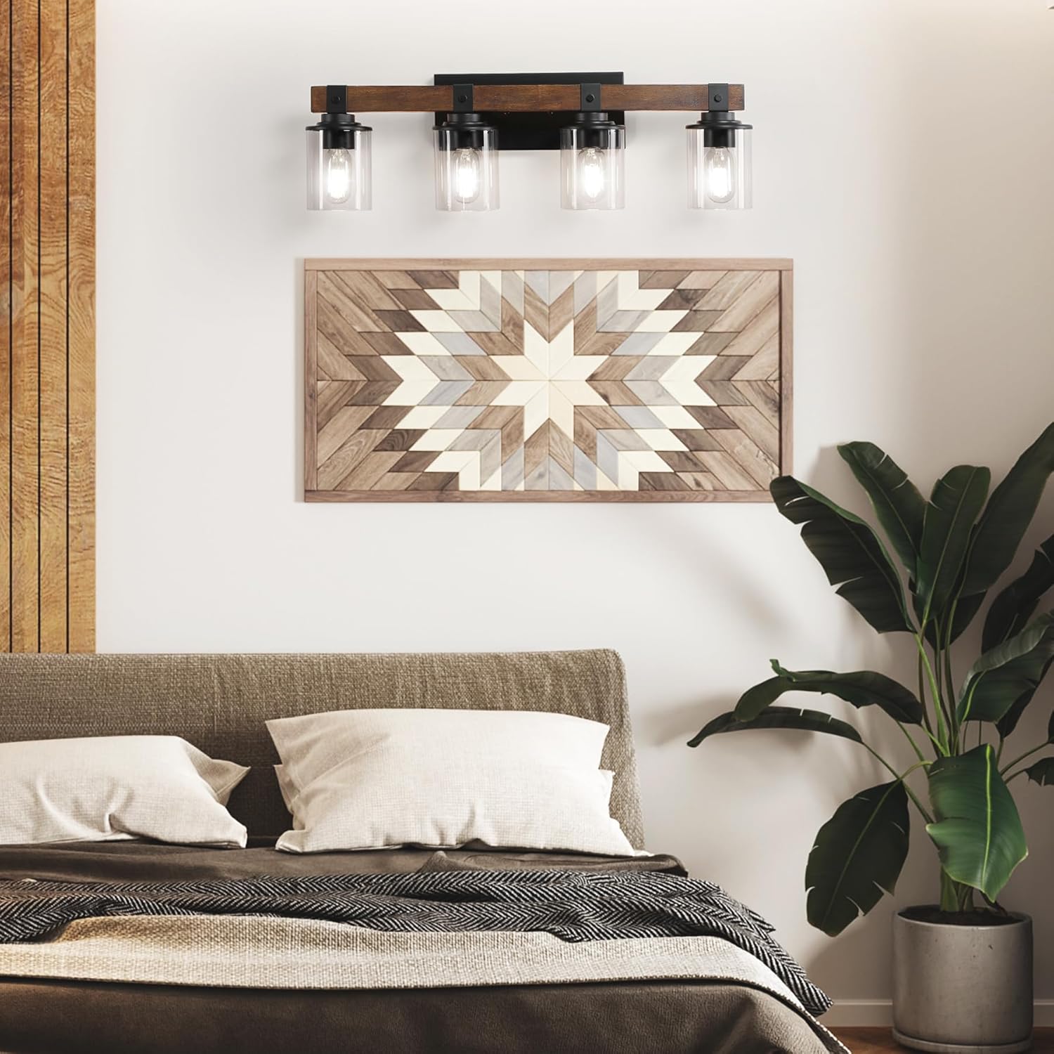 DIKAIDA DAKAIDA – Luces de tocador de baño de 4 luces, luces de tocador de madera para baño, con pantalla de vidrio transparente, apliques de metal