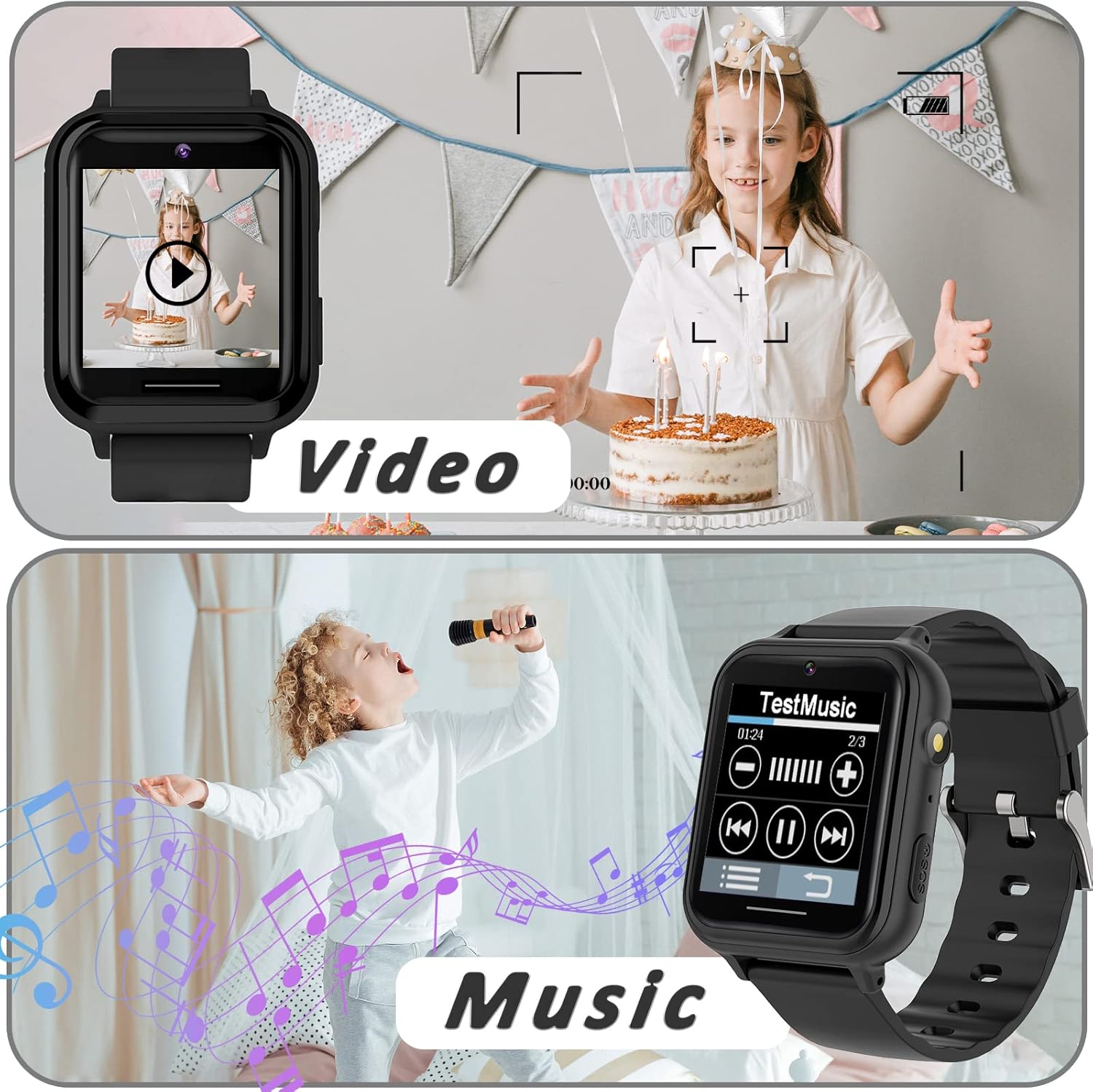 PTHTECHUS Reloj inteligente para niños  Reloj inteligente para niños y niñas con juego de música, reproductor de MP3, video HD, cámara selfie,
