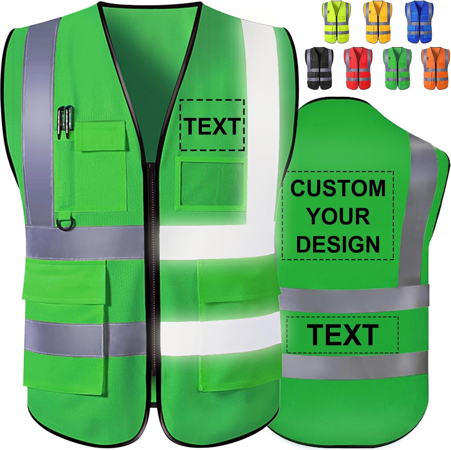Chaleco de seguridad personalizado de alta visibilidad, reflectante, con logotipo, bolsillo para fotos, cremallera, personalizable, clase 2, para