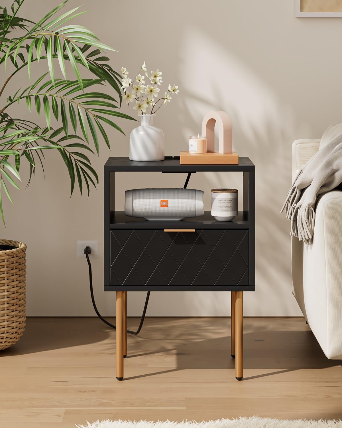 Aobafuir Mesita de noche con estación de carga, cómoda con cajón para dormitorio, mesa auxiliar pequeña con cajón, mesita de noche, mesa auxiliar