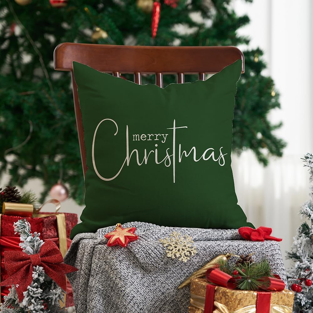 Fundas de almohada navideñas con texto en inglés Merry Christmas, decorativas, de tela de algodón, color verde, de lino, funda de almohada para