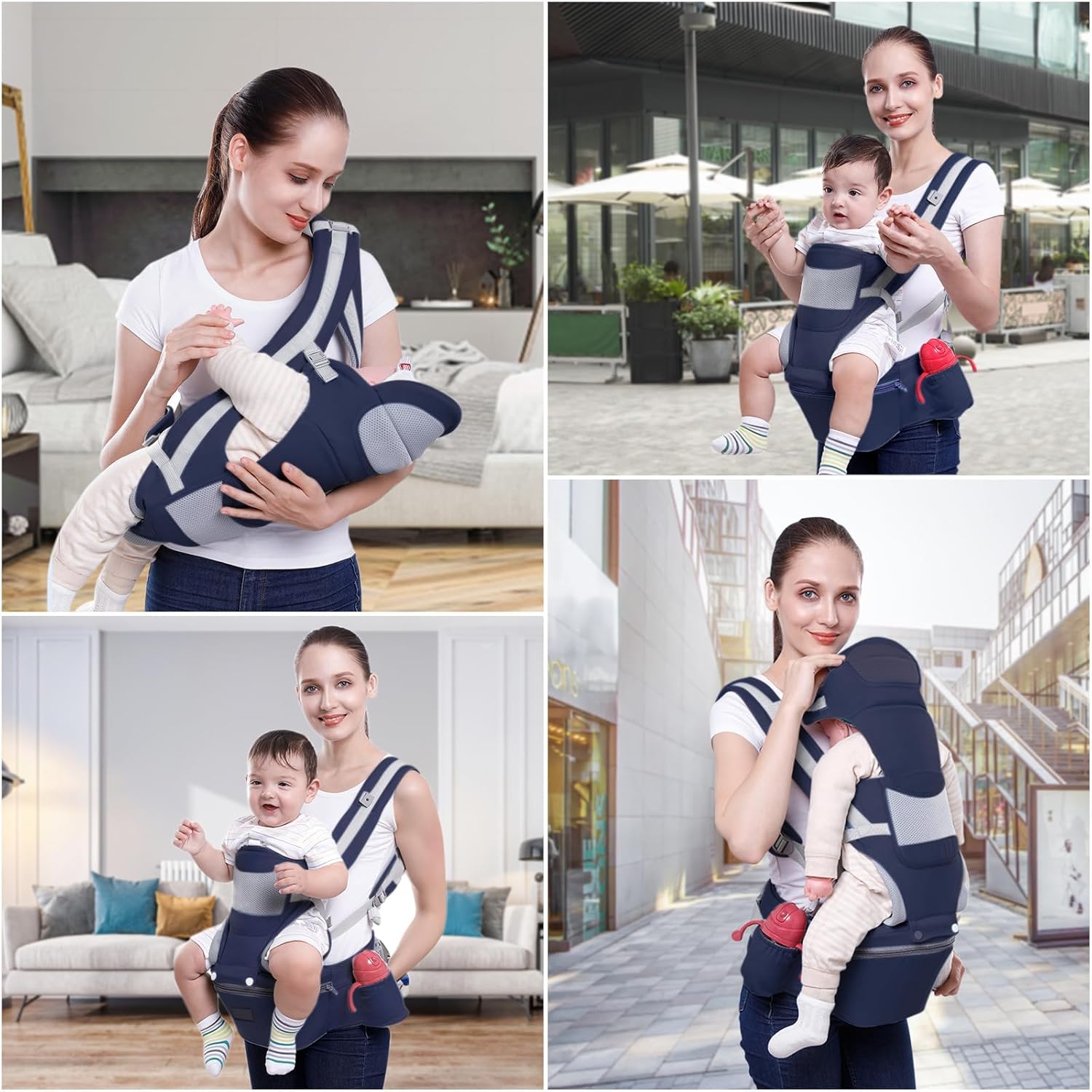 Portabebés, portabebés con asiento de cadera para bebés de 0 a 48 meses, 15 en 1 formas de llevar, todas las estaciones, tamaño ajustable con