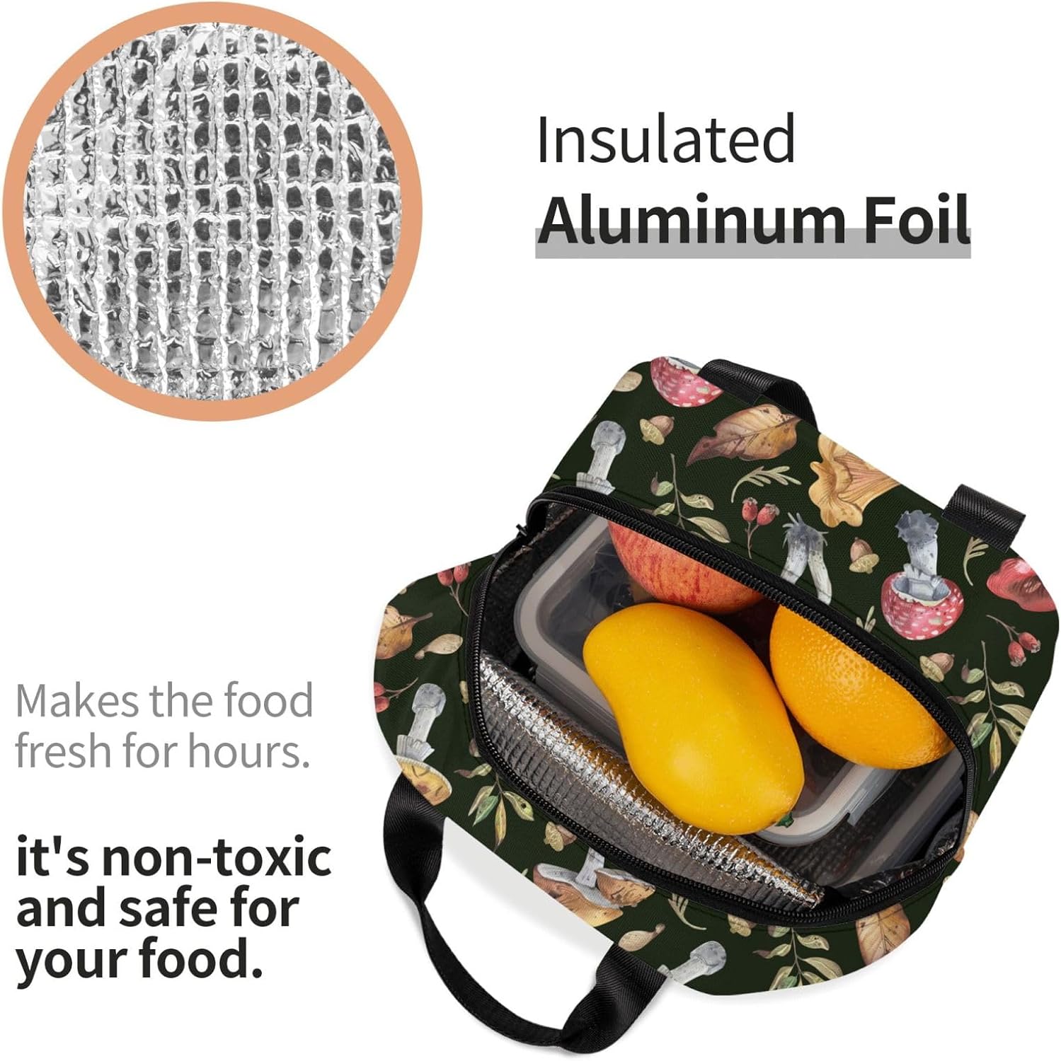 Lonchera aislada para acuarela, hojas de otoño, setas, lonchera, resistente, espaciosa, para adultos, para aprovechar tu día, impermeable, para