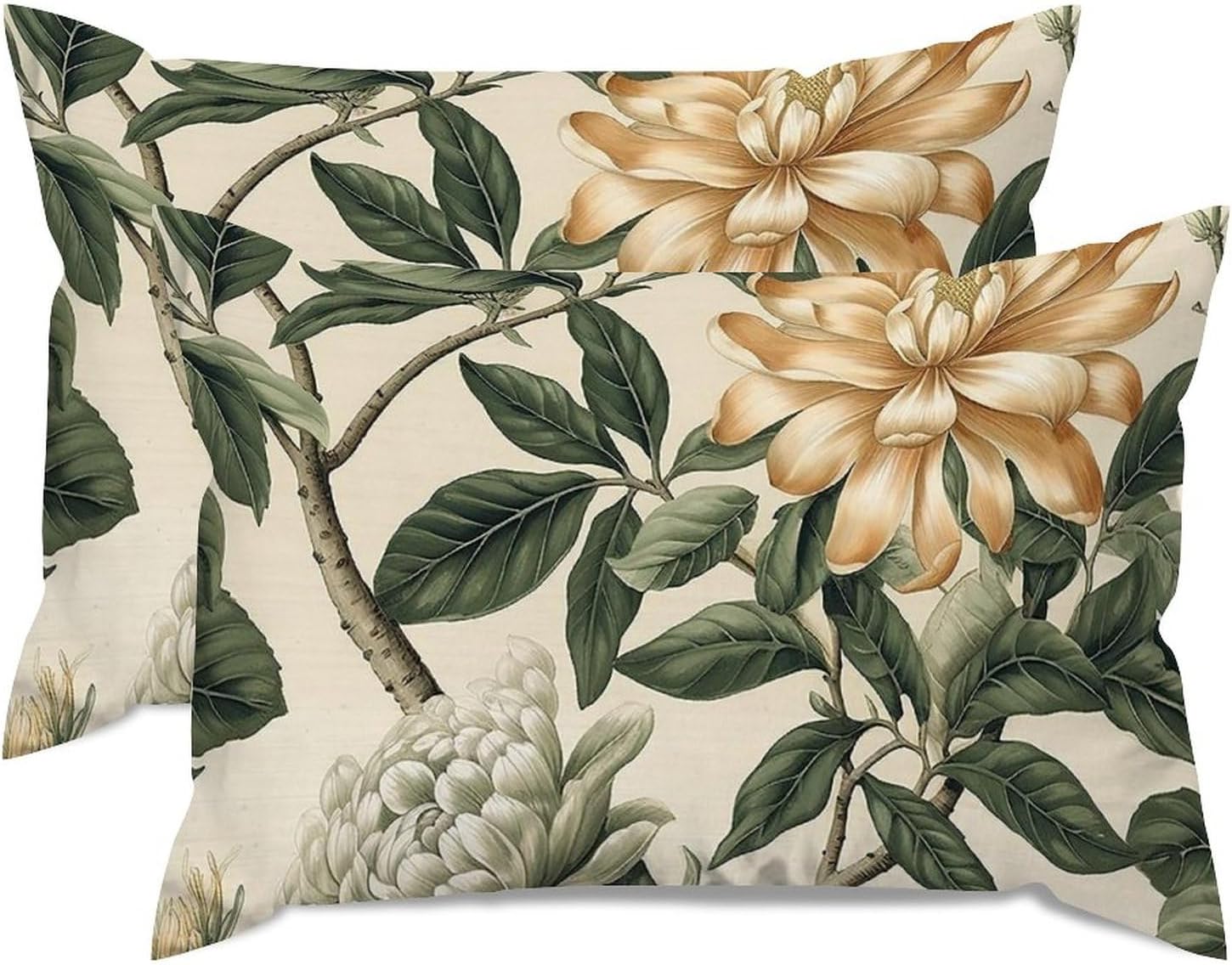 Green and White Chinoiserie Floral Rectangular Cushion Cover Set of 2 Chinese Style Throw Pillowcase 12x18in Decorative Pillow Home Cotton Linen