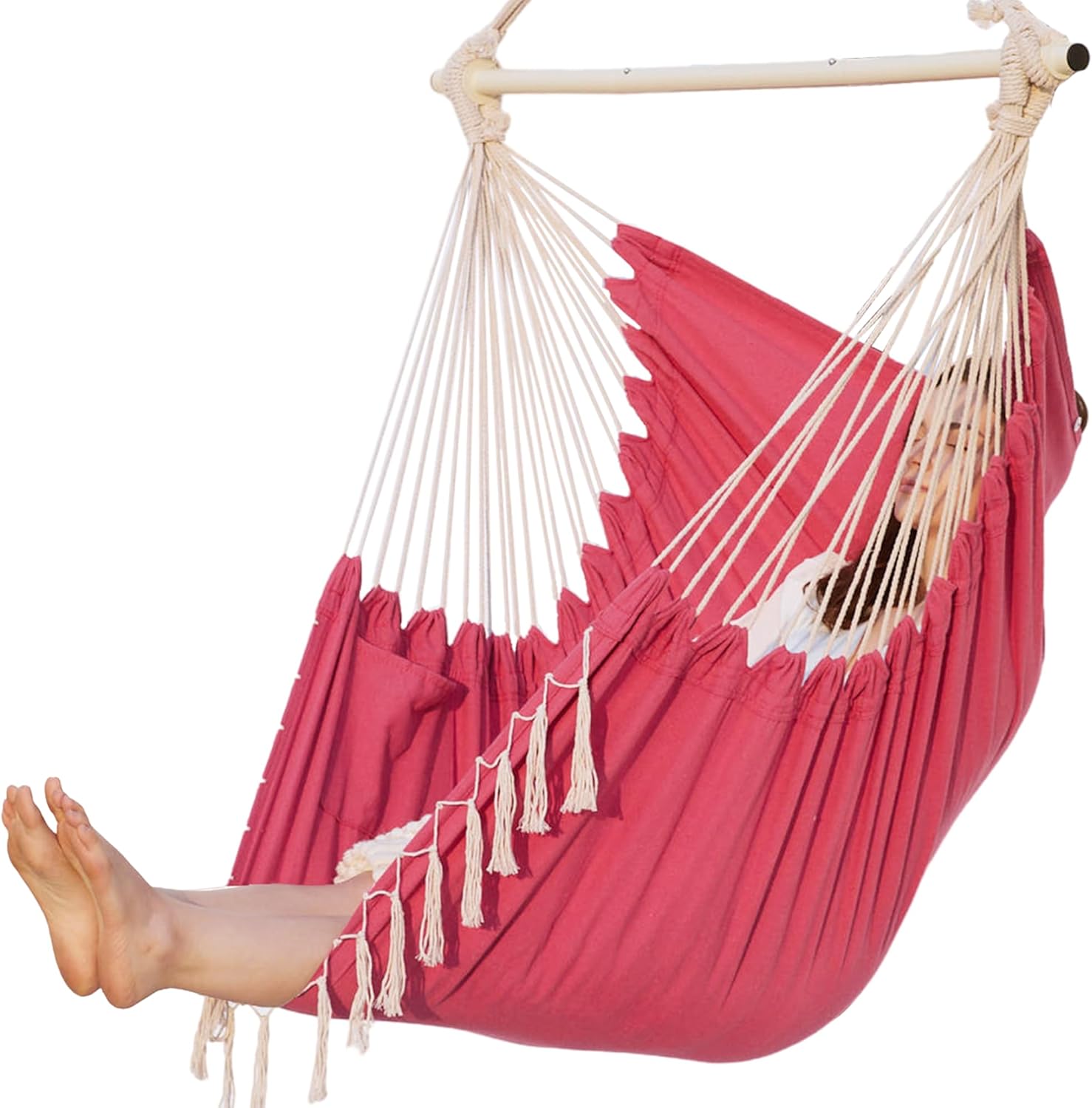 PNAEUT Silla hamaca columpio con borla hecha a mano, flecos de macramé hechos a mano, para colgar en interiores y exteriores (rosa)