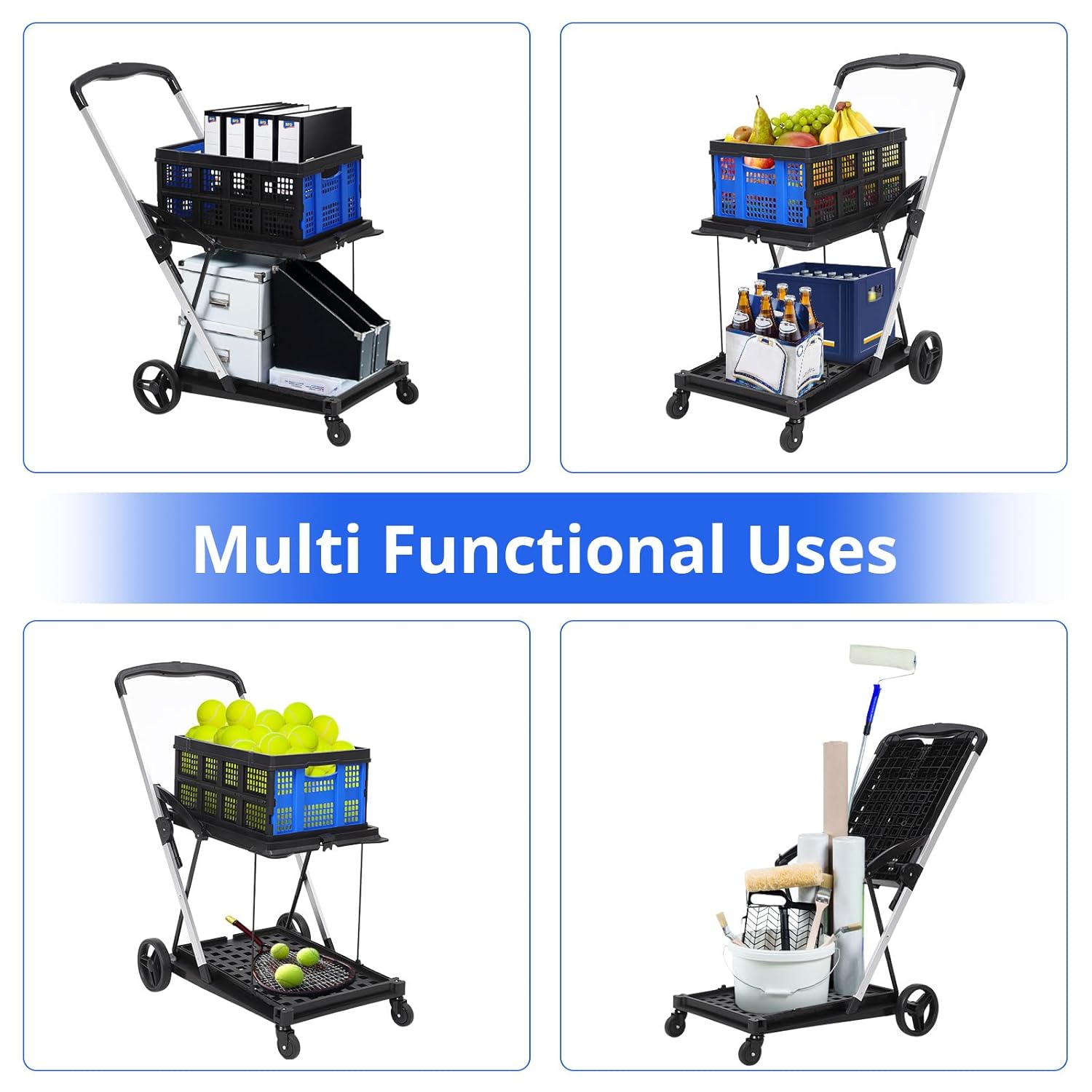 Carrito de compras plegable con ruedas, carrito plegable con caja de almacenamiento, carritos utilitarios de 2 capas, carro de almacenamiento de