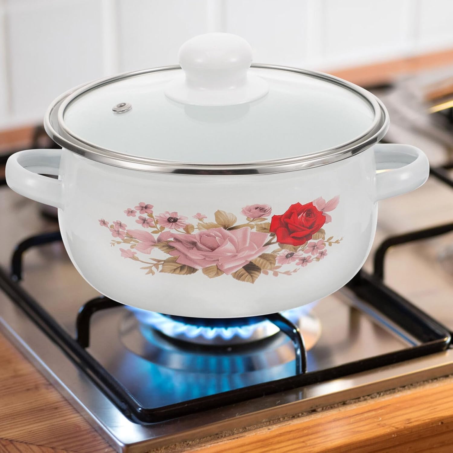 BESTonZON Olla de cocina esmaltada de 3 piezas, olla pequeña con tapa de vidrio, utensilios de cocina vintage con doble mango floral Ramen Bowl para