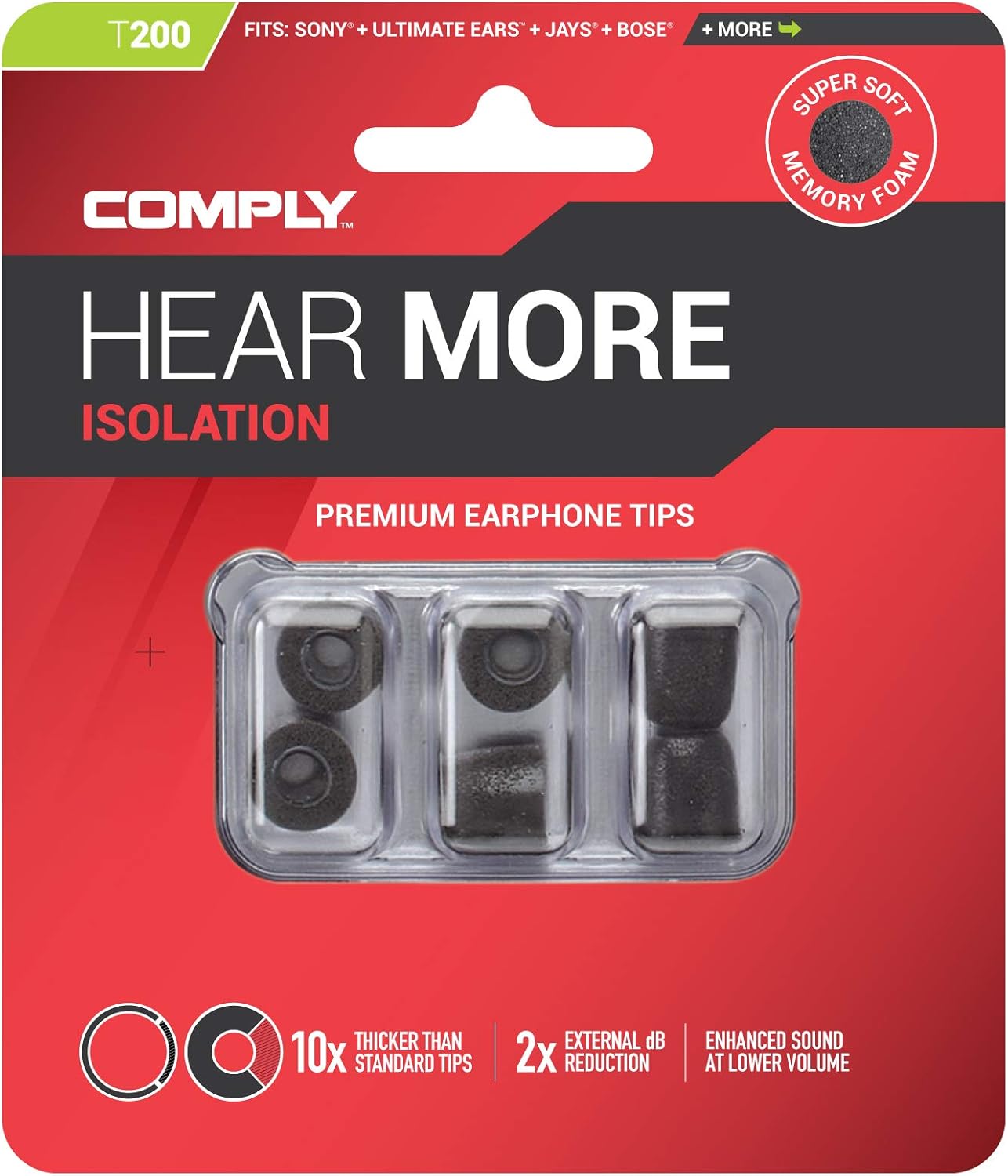 Comply Almohadillas para oído de espuma Premium -almohadillas aislamiento T-100(Negro, 3pares, tamaño grande) 200 L Negro