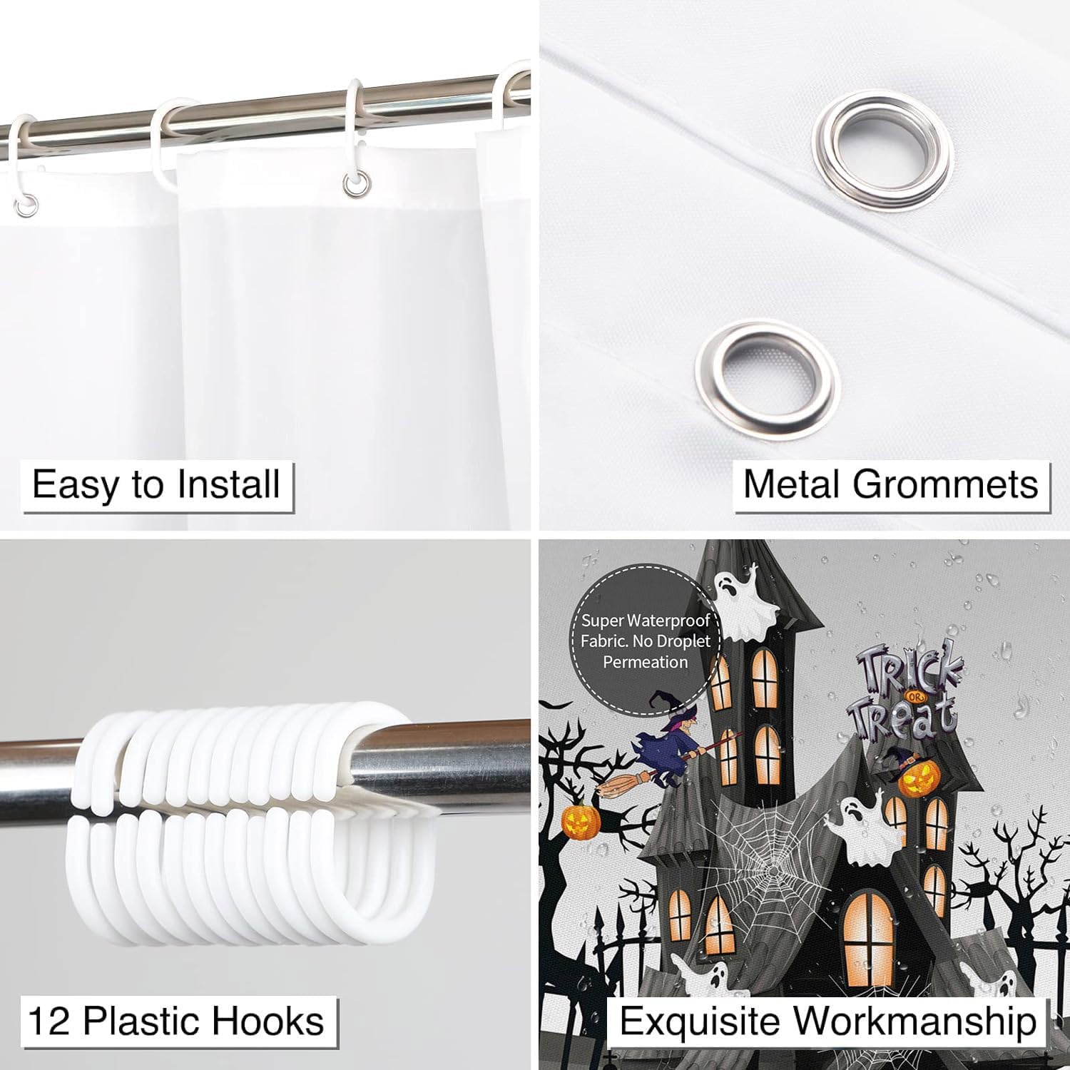 ARESD Cortina de ducha de Halloween para baño, cortina de baño de tela de araña, tela de poliéster, impermeable, decoración de Halloween, con 12