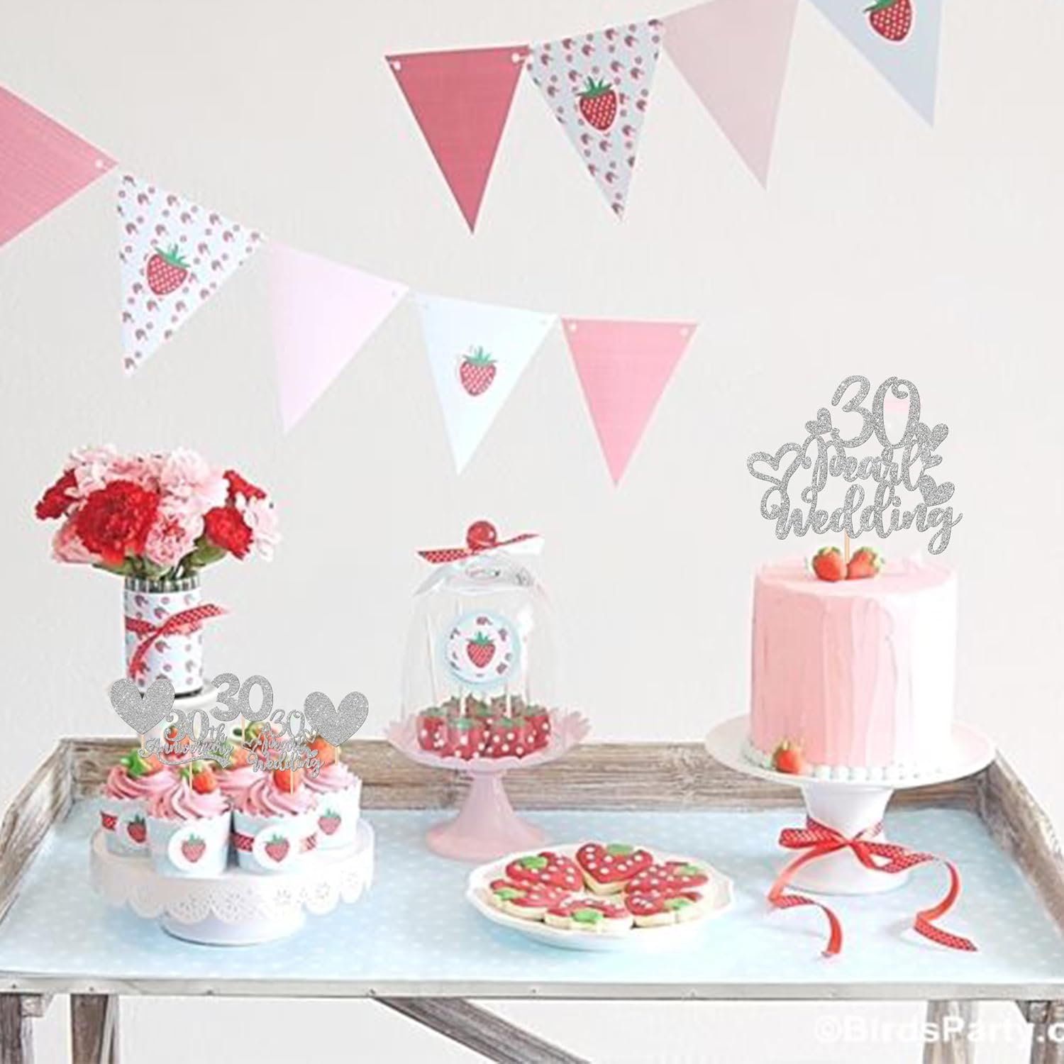 25 piezas de adornos para cupcakes de 30 aniversario con 30 perlas para pastel de boda, corazón con purpurina, 30 aniversario de boda, decoración de
