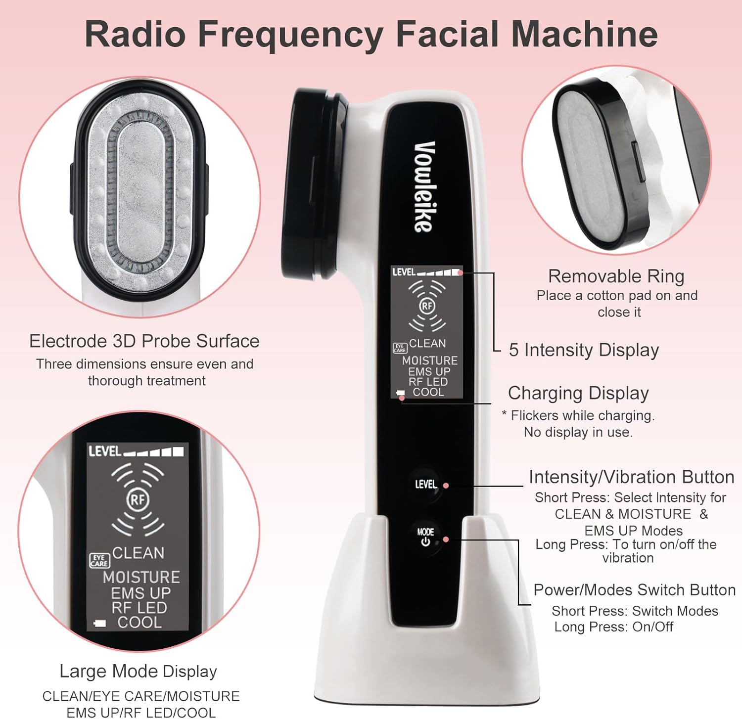Dispositivo facial Microcurrente, Vowleike 10 beneficios clave para el cuidado de la piel masajeador facial con soporte, herramienta facial