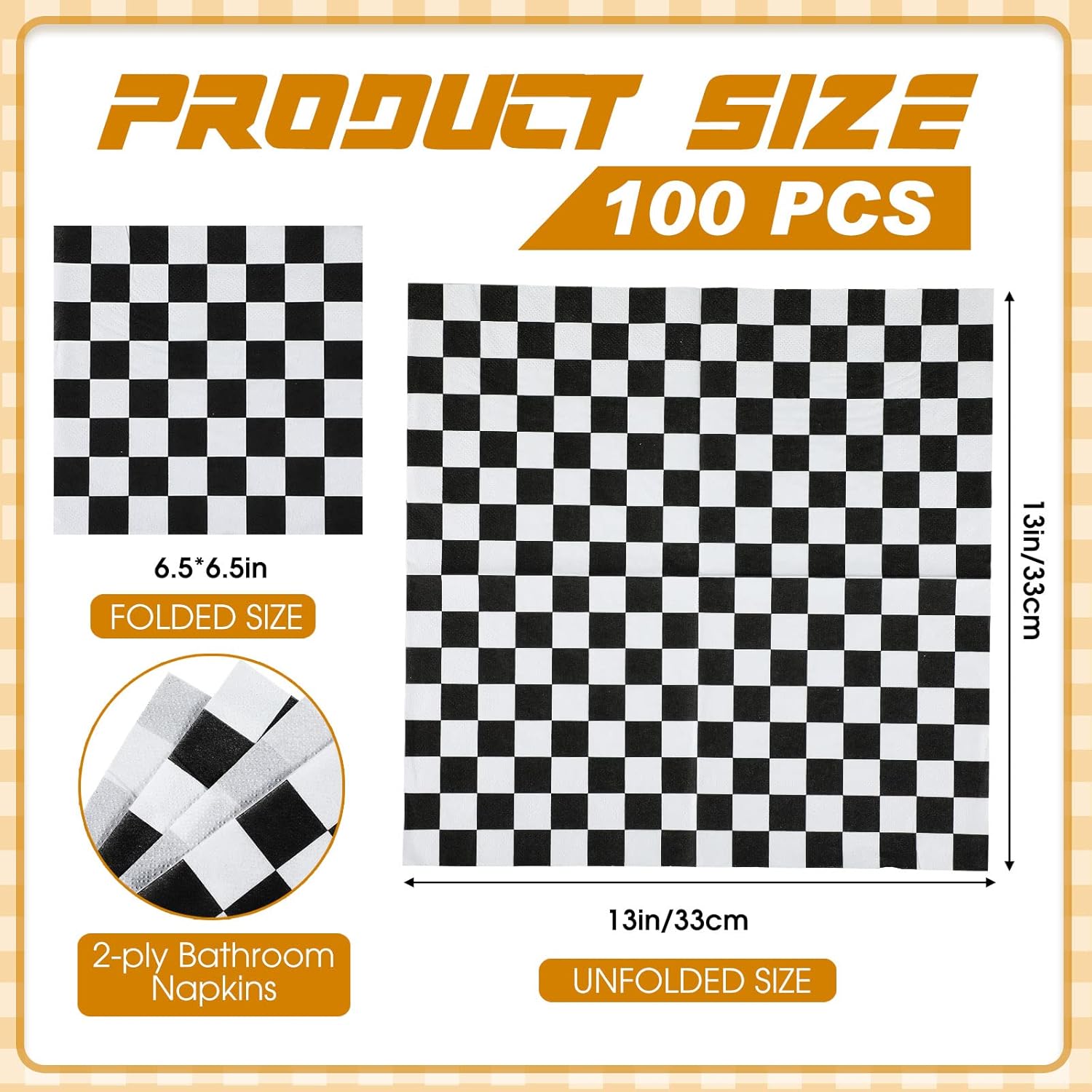 Colarr 100 servilletas de bandera a cuadros desechables para fiestas de autos de carreras, color blanco y negro, tejido decorativo para alimentos,