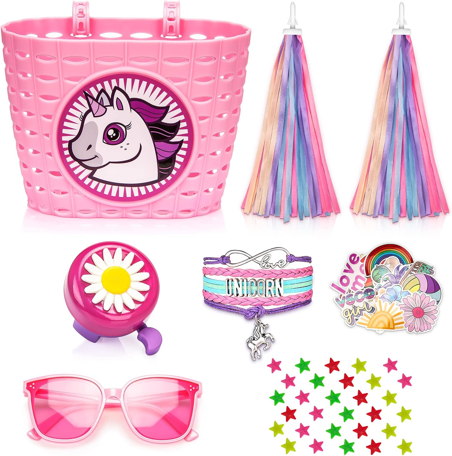 Cesta de bicicleta para niñas, cesta de bicicleta para manillar con pulsera de unicornio, campana, serpentinas, calcomanías, gafas de sol para