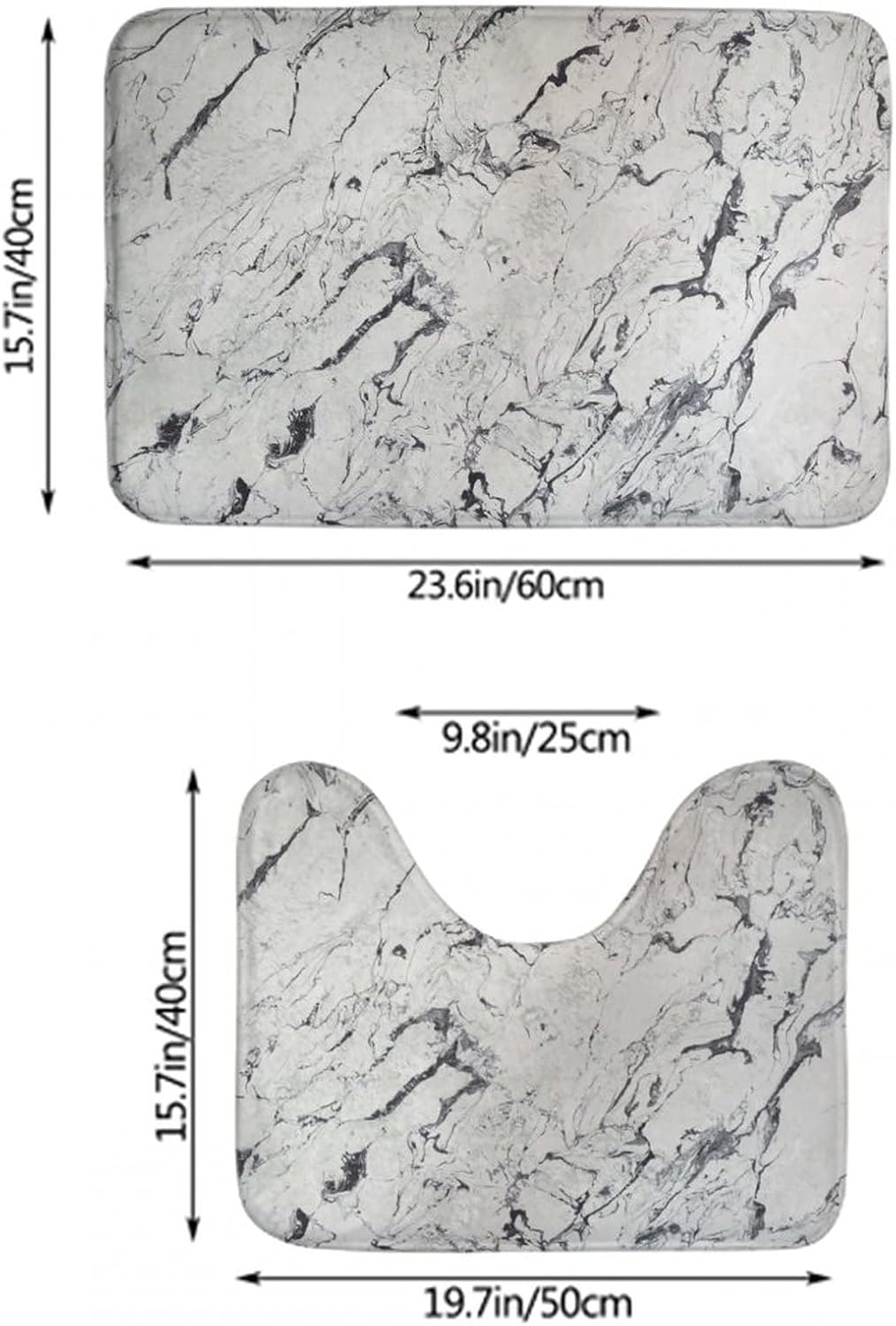 Juego de 2 alfombras de contorno de baño compatibles con textura de mármol blanco, tapete de ducha de espuma viscoelástica de franela y alfombra de