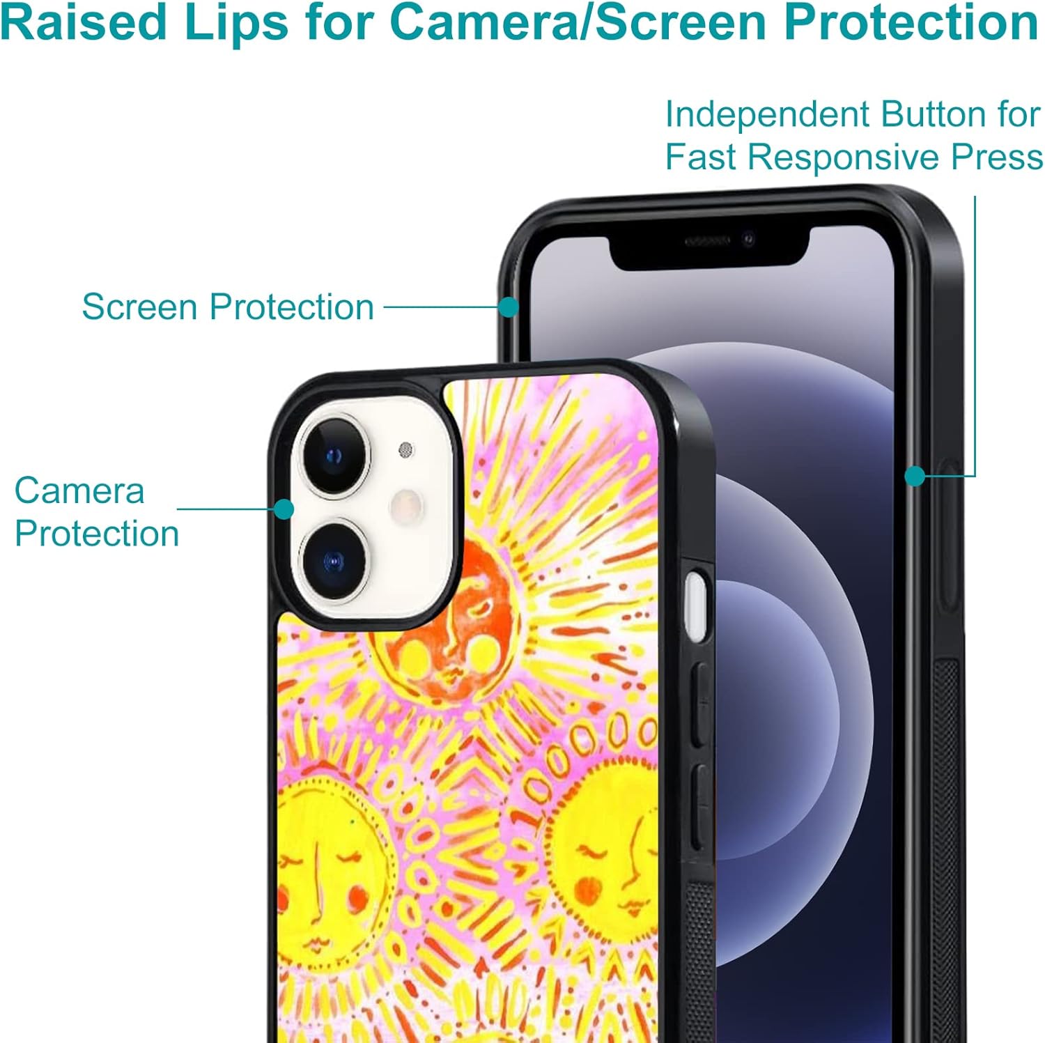 UNNKINE Funda retro amarilla para iPhone 14 Plus para niñas y mujeres, diseño de sol de arte, TPU suave, parte trasera dura, a prueba de golpes,