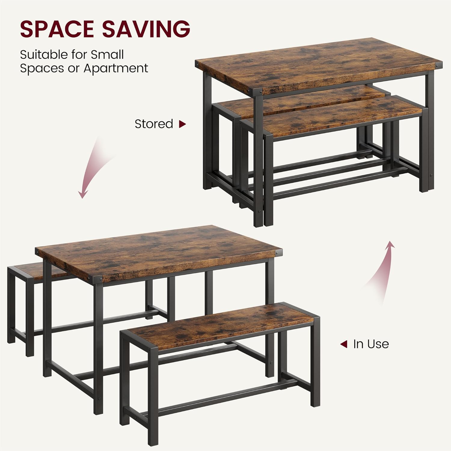 IDEALHOUSE Juego de mesa de comedor para 4, mesa de cocina con bancos, juego de mesa de comedor rectangular con 2 bancos de madera de metal, juego