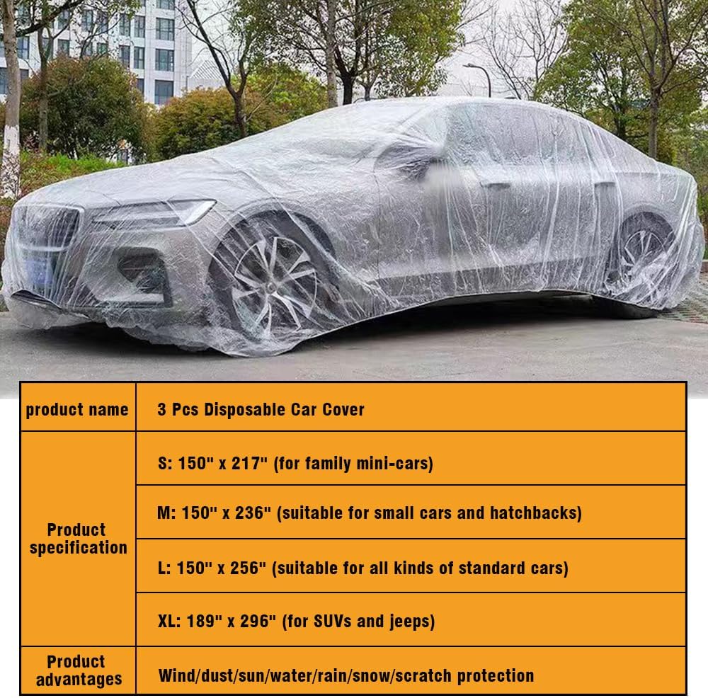 3 piezas de fundas desechables para automóvil, cubierta universal de plástico transparente para automóvil, lluvia, polvo, garaje con banda elástica,