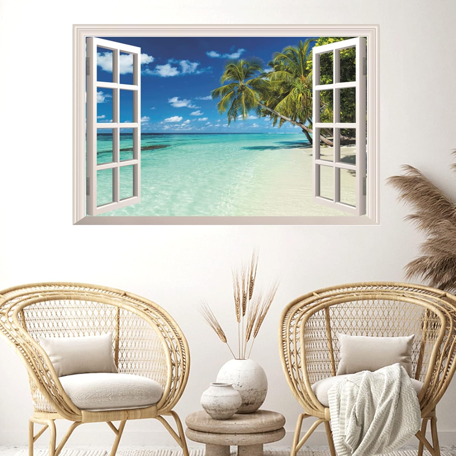 HOTIYOK Pegatinas de pared de ventanas falsas de paisaje marino azul, palmeras verdes, mural de pared para ventana falsa de paisaje tropical del