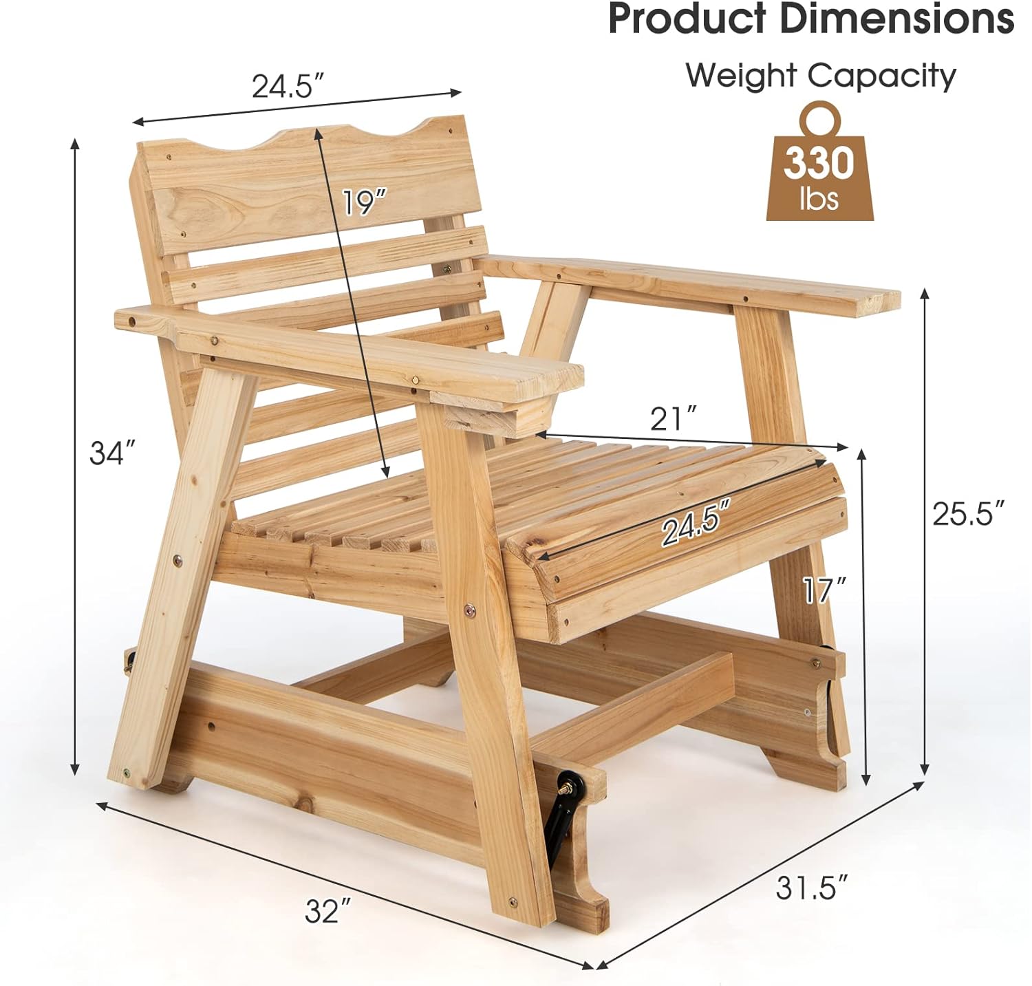 HAPPYGRILL Mecedora de madera para patio al aire libre con soporte oculto para tazas, balancín ergonómico de madera de abeto para porche delantero,