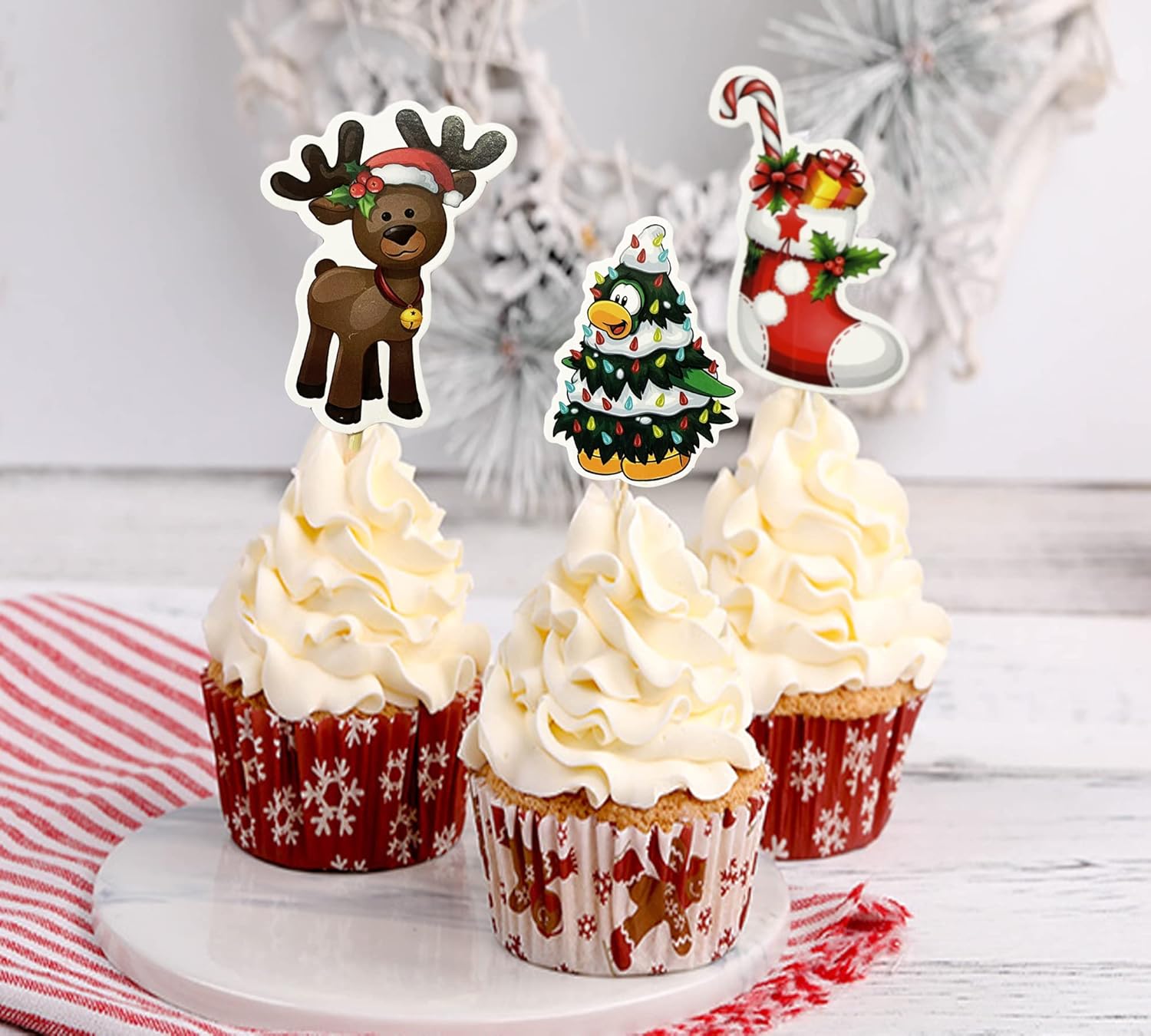 TSJ 24 piezas de decoración de cupcakes de Navidad, palillos de dientes, suministros de fiesta de Navidad