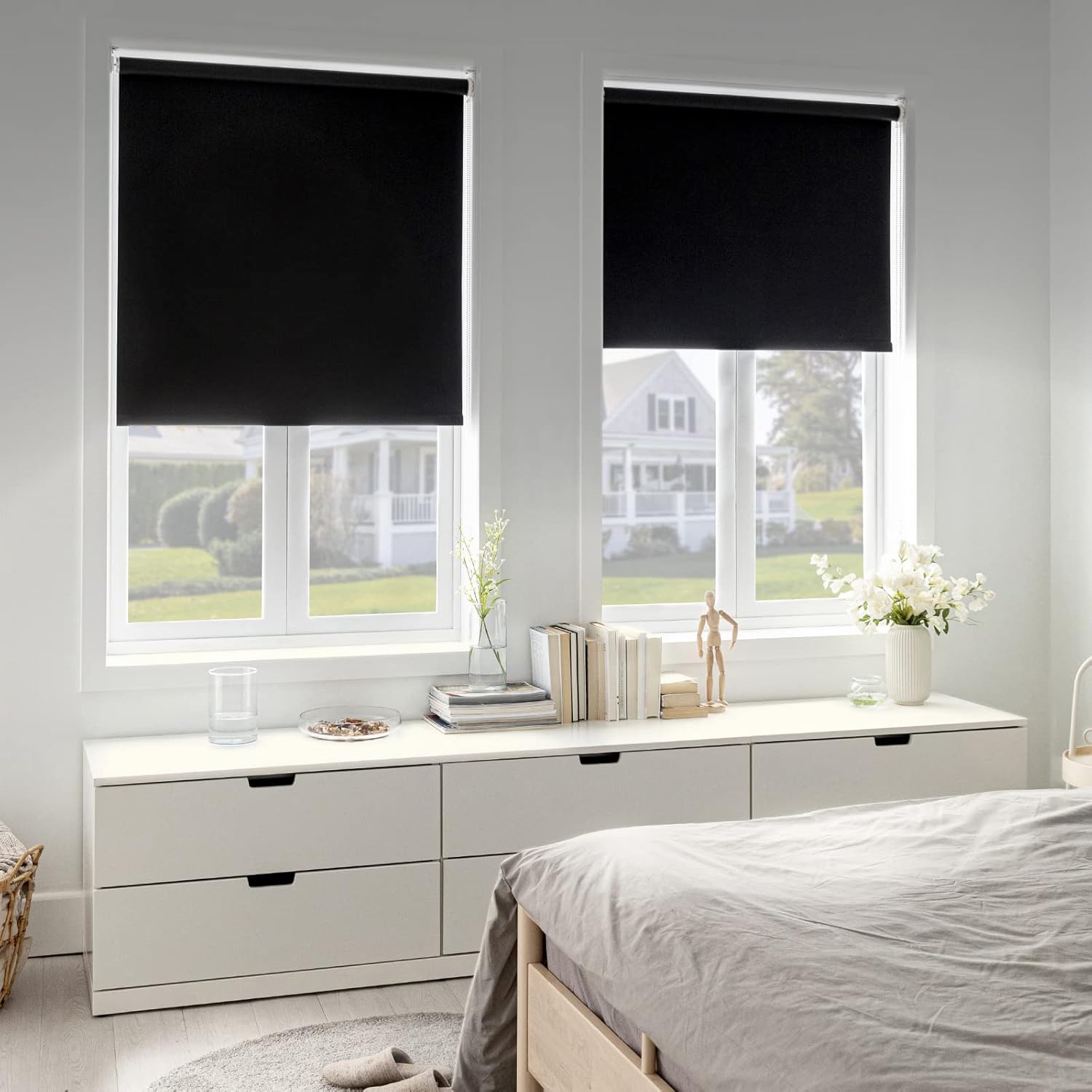 Persianas enrollables 100 % opacas con cordón, oscurecimiento de habitación, bloqueo de luz para dormitorio, baño, oficina, privacidad, tela