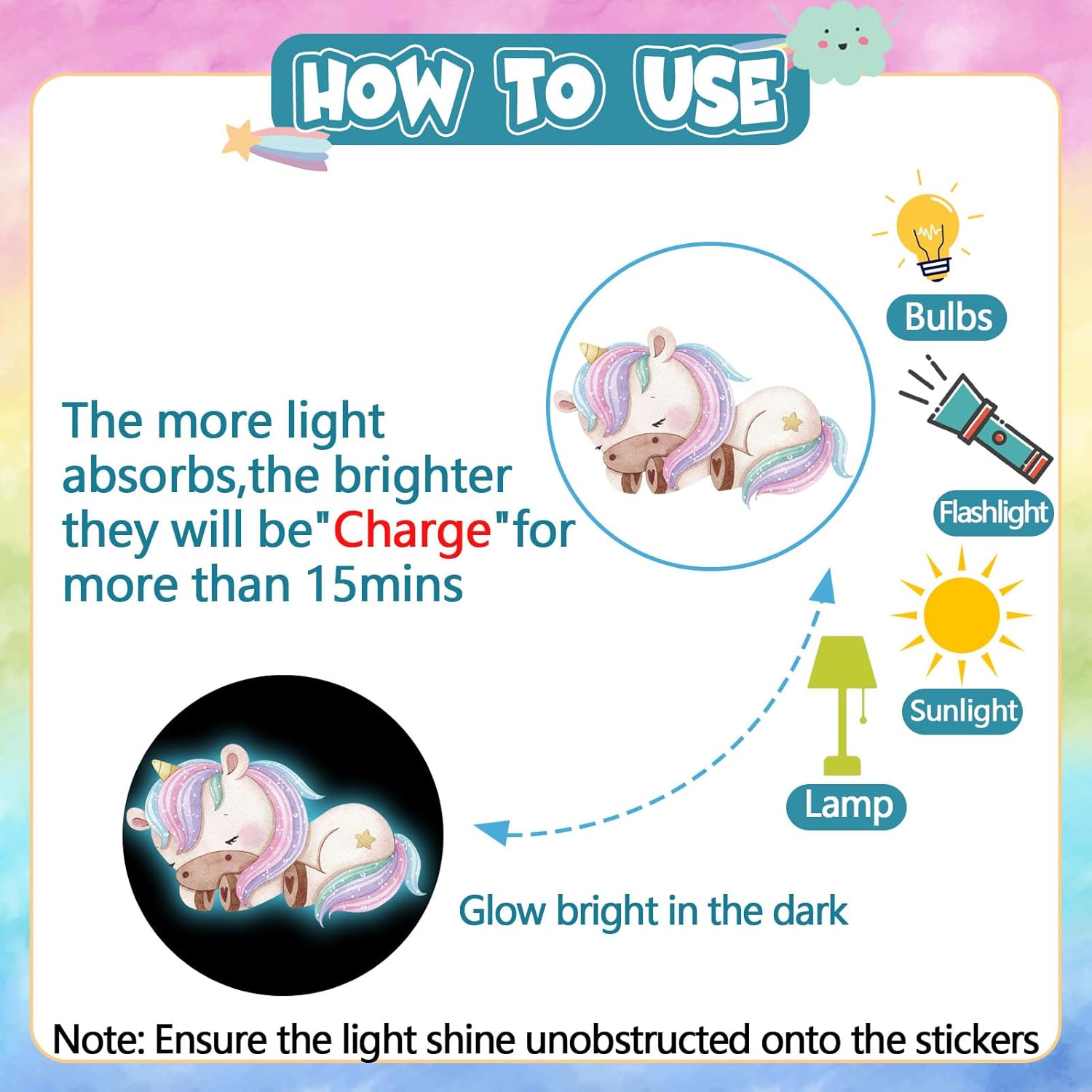 Calcomanías de pared grandes que brillan en la oscuridad de arcoíris y unicornio, calcomanías de pared brillantes y luminosas, calcomanías de pared