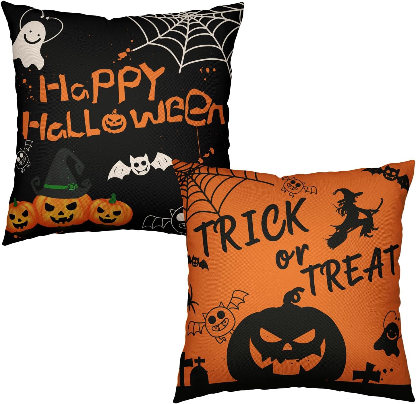 Fundas de almohada de Halloween de 16 x 16 pulgadas, protector de almohada de calabaza aterradora, murciélagos negros, bruja, juego de 2 fundas de
