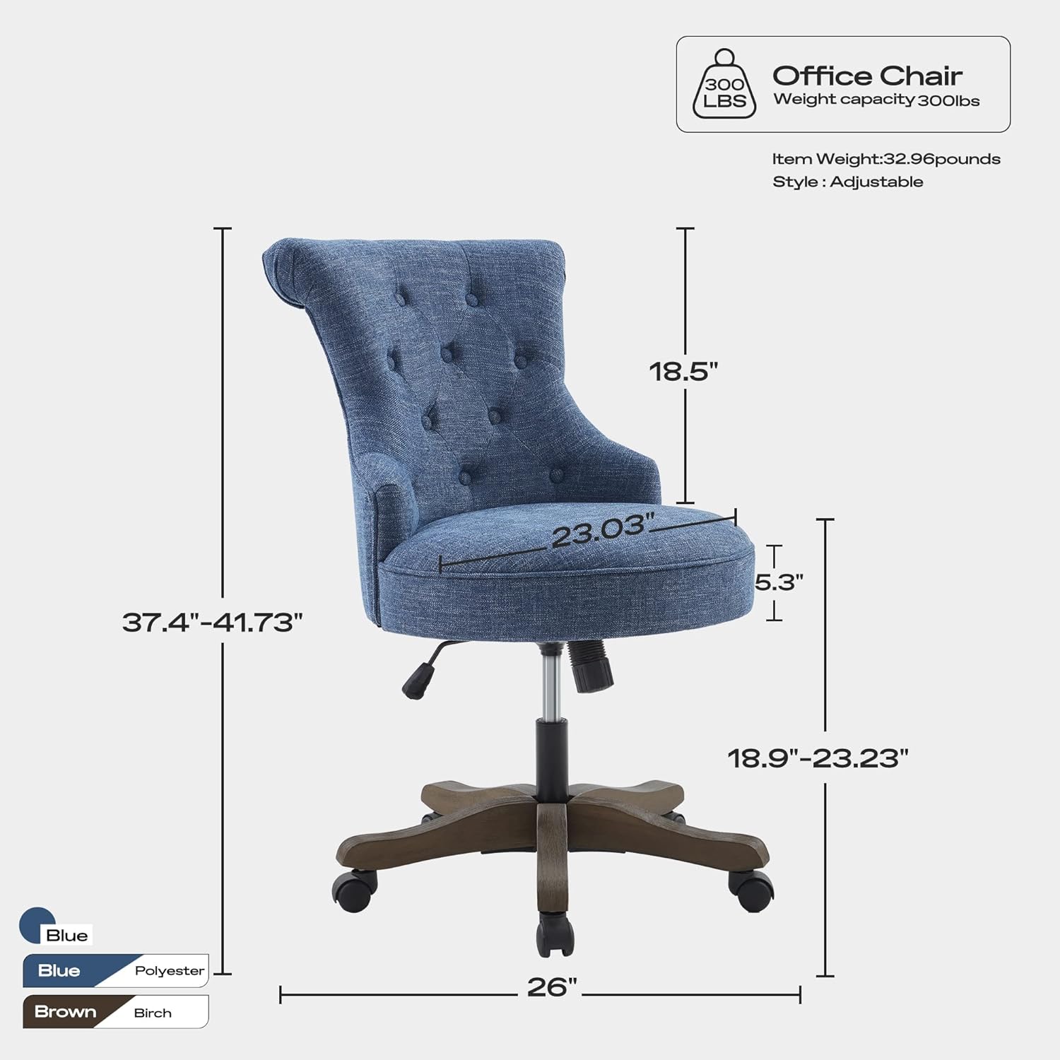Home Office Chair Adjustable Height Swivel Chair with Wheels Linen Fabric Upholstered Computer Desk Chair with Wooden Legs Comfortable Armless Chair