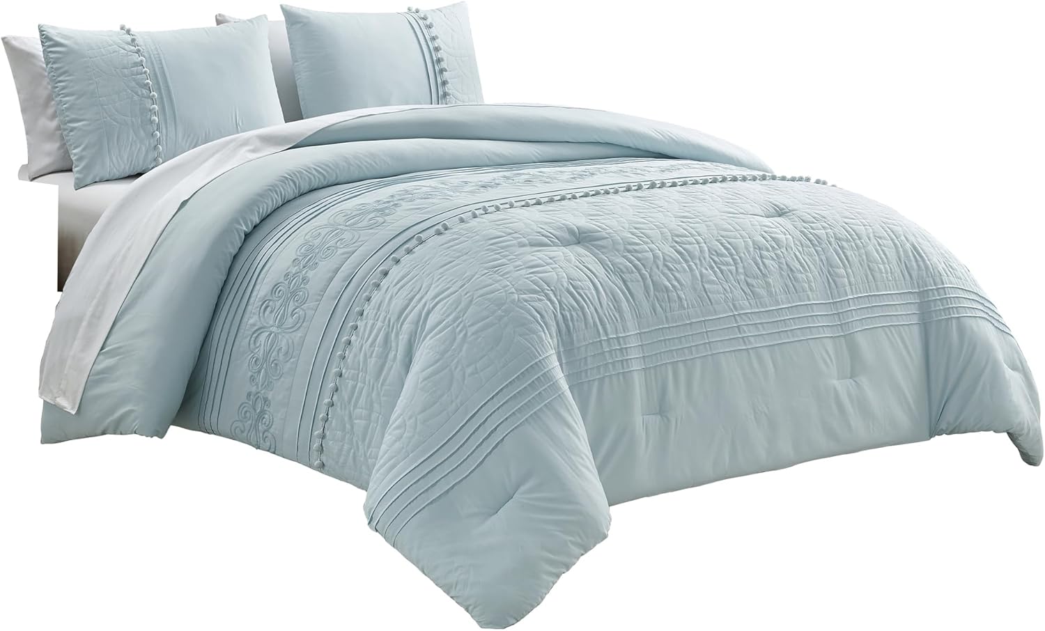 Chezmoi Collection Athena Bed in a Bag – Juego de edredón de 7 piezas de felpilla bordada con pompones y sábanas para todas las estaciones, Queen,
