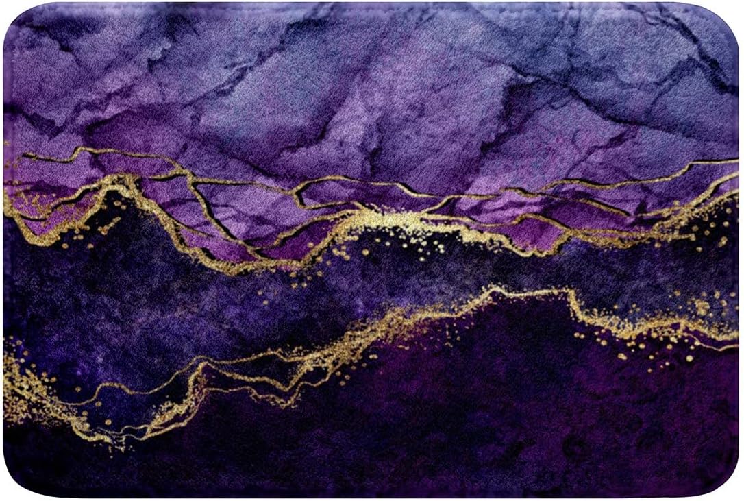 Alfombra de baño de mármol morado, alfombra de baño abstracta dorada y púrpura, alfombra de arte fluida de tinta iridiscente, alfombra de arte