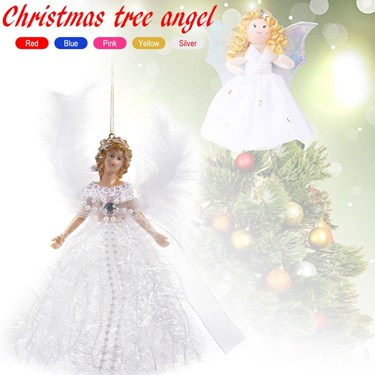 Muñeco colgante para árbol de Navidad, adorno de árbol de Navidad de ángel, colgante de árbol de Navidad, con ala de pluma, para decoración de árbol