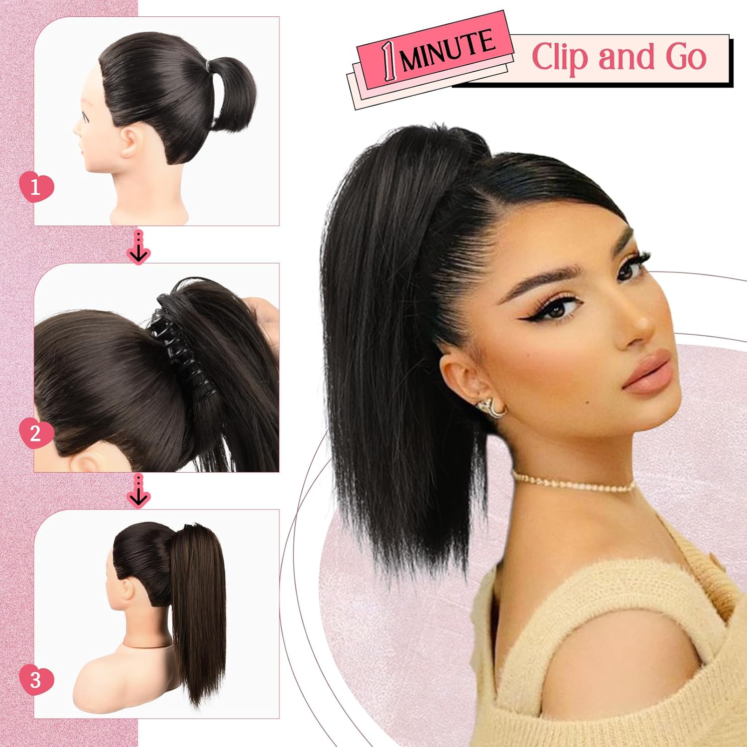 HOOJIH HE027 – Extensión de cola de caballo con clip, de 14 pulgadas, extensiones de cabello lacio con clip de garra, piezas de cabello corto para