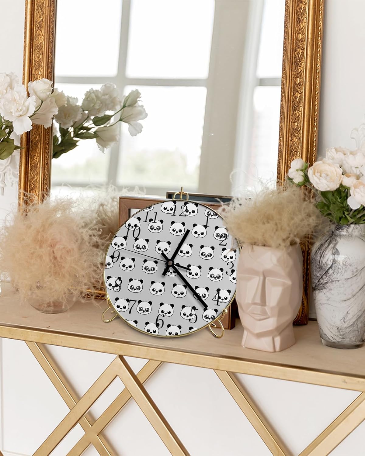Cartoon Panda Round Wall Clock Silent Non-Ticking Battery Operated Clocks, Wooden Clock for Home Living Room Bedside Desk Bedroom Office Wall Decor