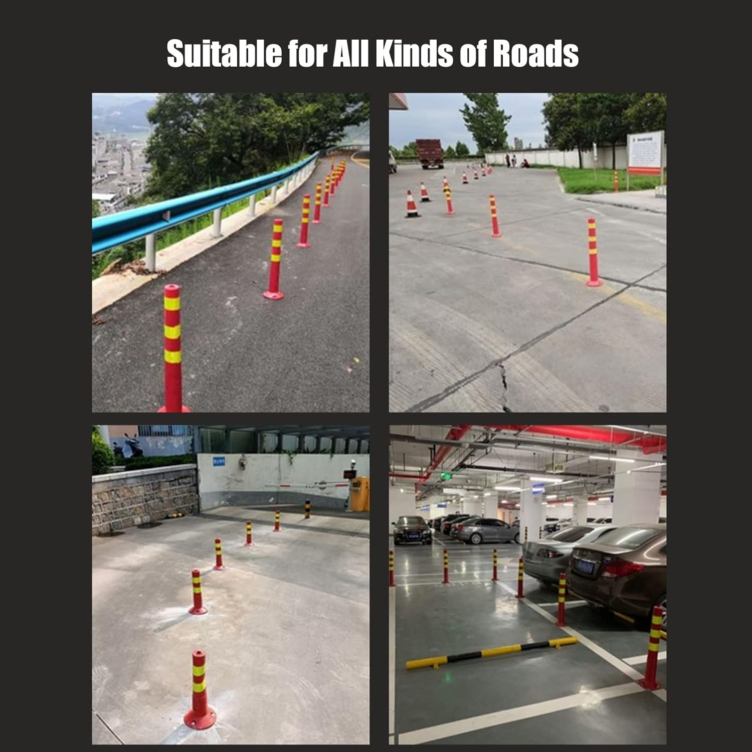 3 bolardos de estacionamiento de tipo fijo, postes flexibles de PVC para delineador de tráfico con pernos de expansión, postes de seguridad de cinta