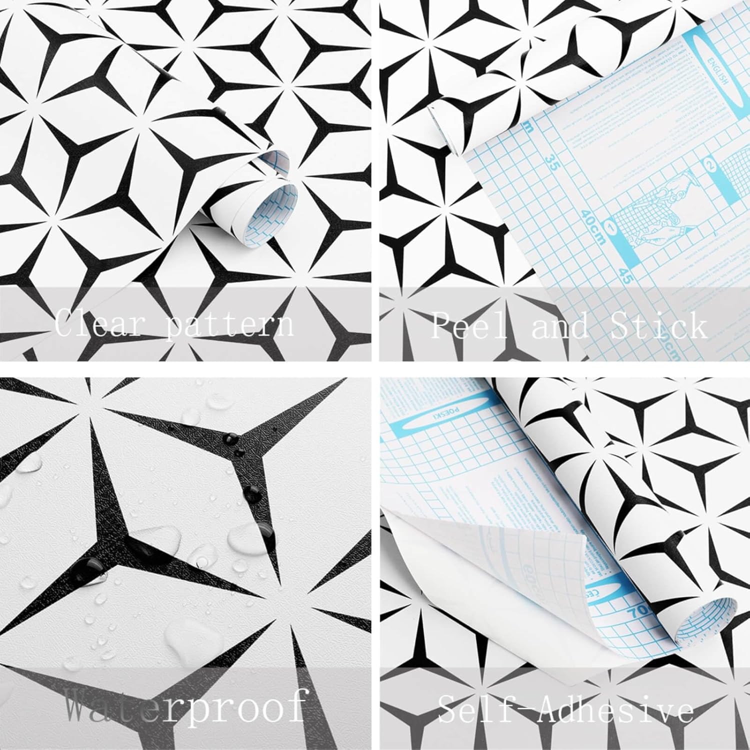 Heroad Papel tapiz geométrico para despegar y pegar, papel de contacto blanco y negro, moderno, extraíble, papel de contacto bohemio para