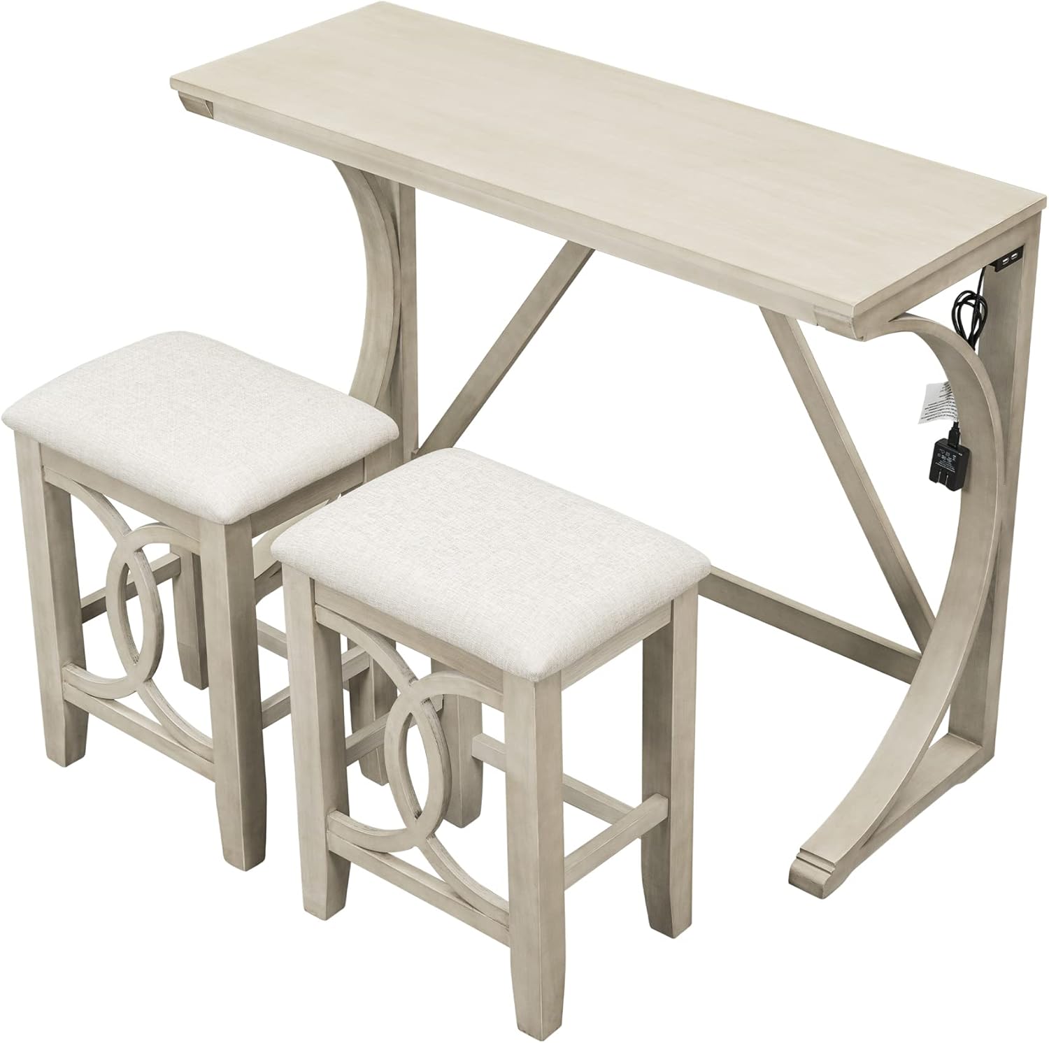 Juego de mesa de comedor con altura de mostrador, 3 piezas, puerto USB integrado y taburetes tapizados, para cocina, restaurantes, muebles de sala