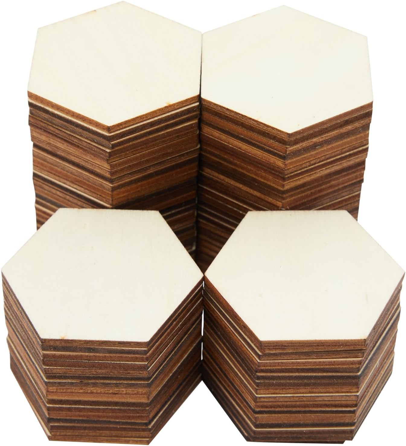 Bright Creations Paquete de 100 piezas hexagonales de madera sin terminar para manualidades, recortes de rebanadas de madera de 0.098 in (2 x 2