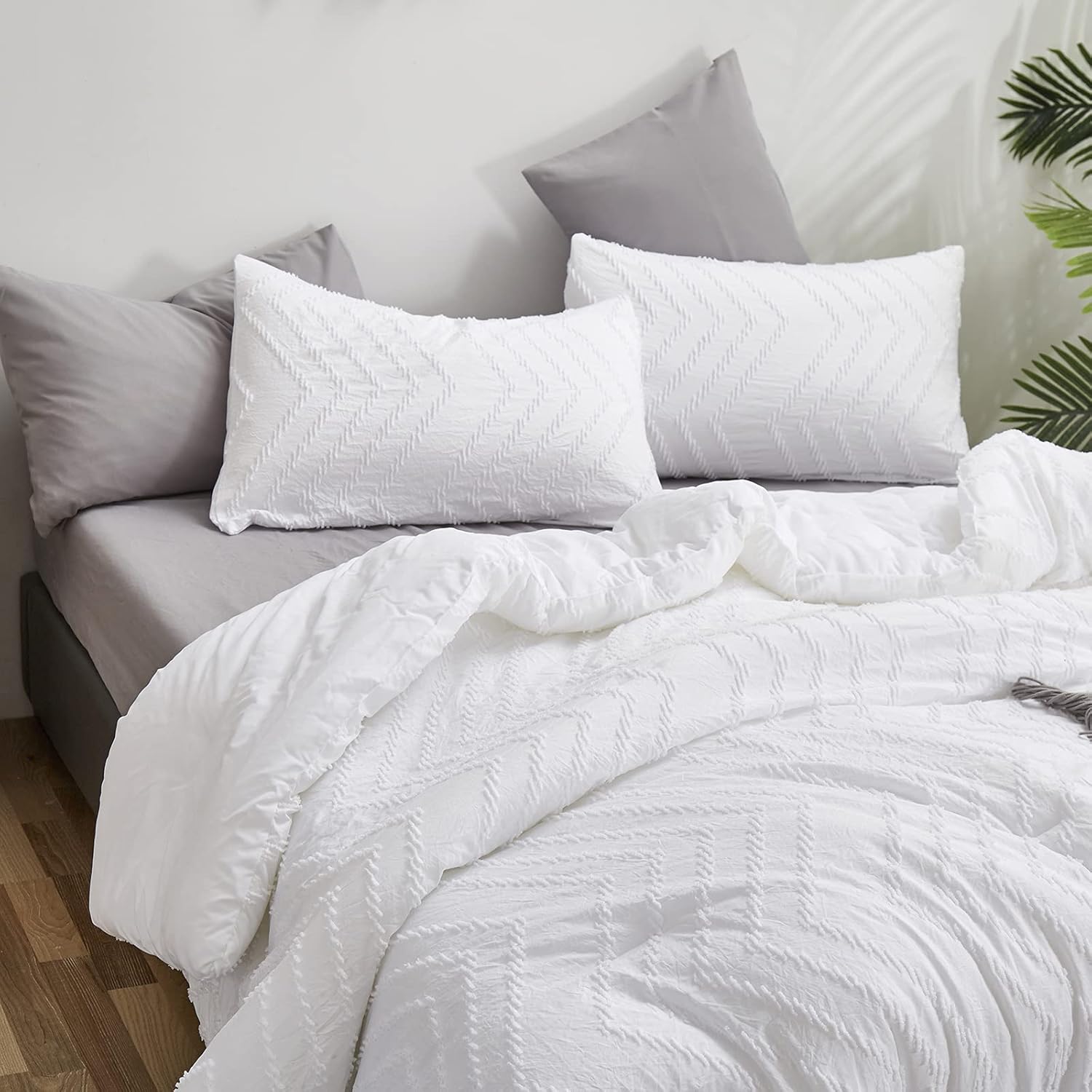 Edredón jacquard blanco tamaño Queen para mujeres y hombres, edredón bohemio de algodón para adultos y adolescentes con bordado blanco desgastado