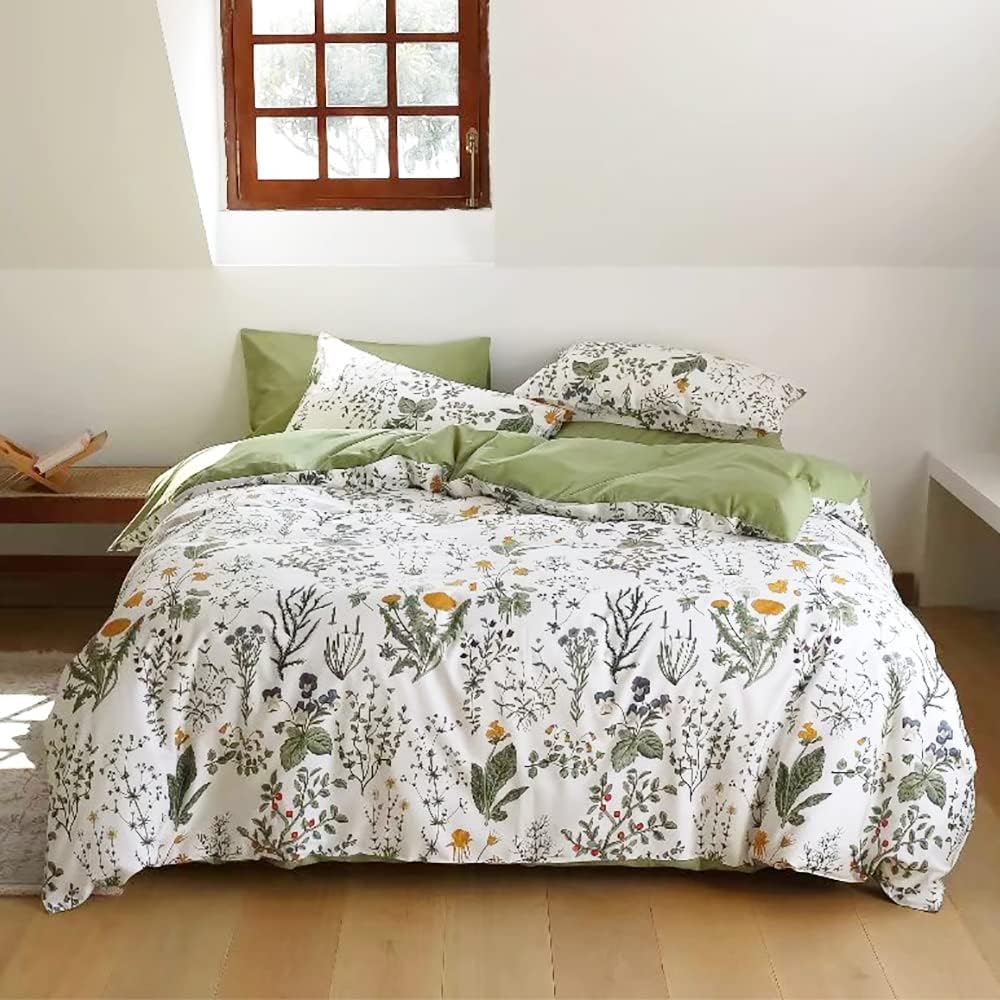 Juego de edredón botánico tamaño Queen, color blanco y verde salvia, juego de ropa de cama floral con patrón de jardín impreso en blanco, manta