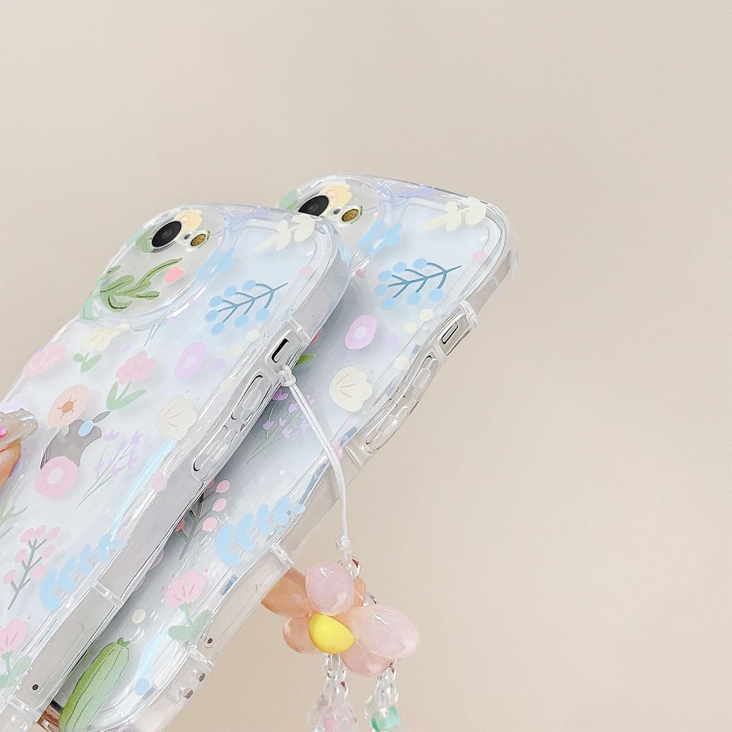 Compatible con iPhone 78SE, bonito estampado de flores coloridas con una bonita cadena de pulsera de flores, funda transparente de borde ondulado,