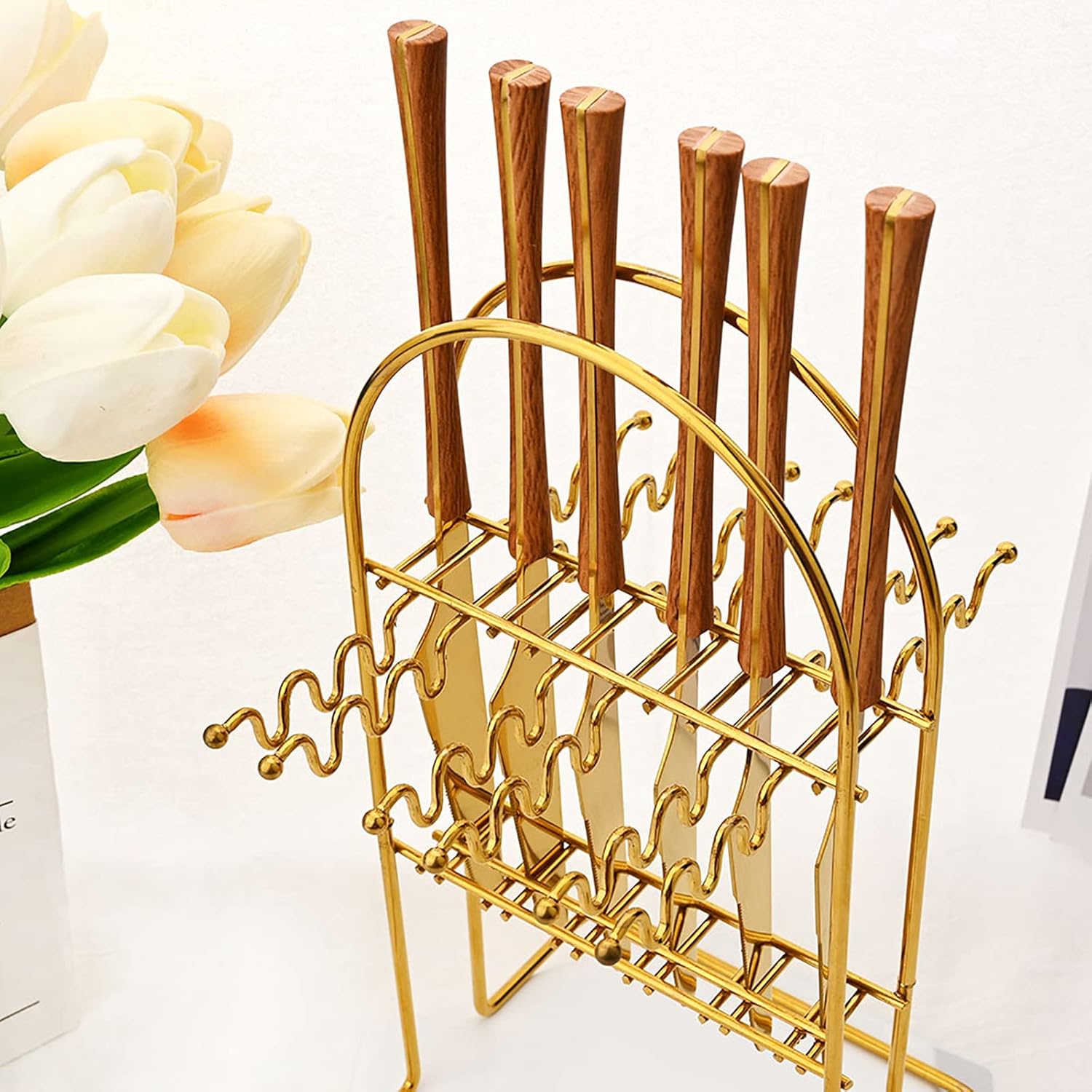 Juego de cubiertos colgantes de 24 piezas con soporte para cubiertos, cubiertos de acero inoxidable con mango de madera, utensilios de cocina para