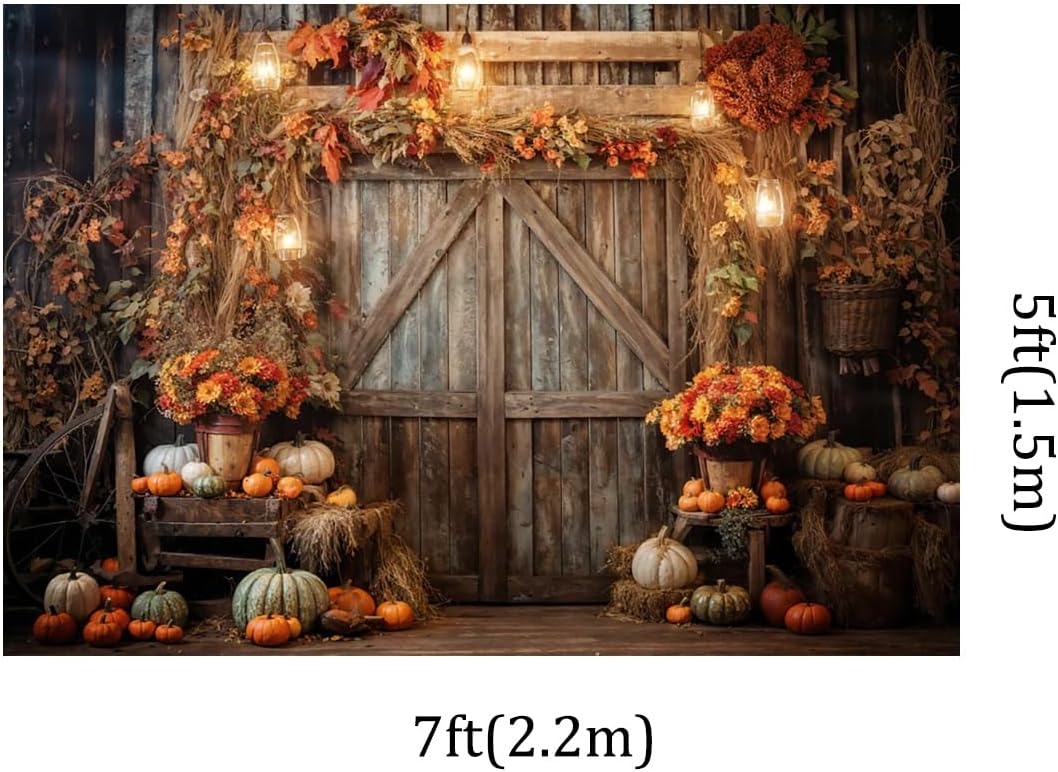 Kate Decoración de calabaza de granja de Acción de Gracias de 7 x 5 pies, fondos de fotografía de madera rústica, otoño, flores amarillas, hojas,
