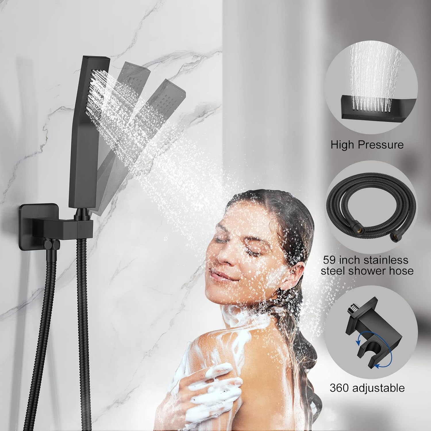Sistema de ducha de 12 pulgadas con boquilla de bañera, juego de grifo de ducha de bañera negro mate de 3 funciones, cabezal de ducha de lluvia de