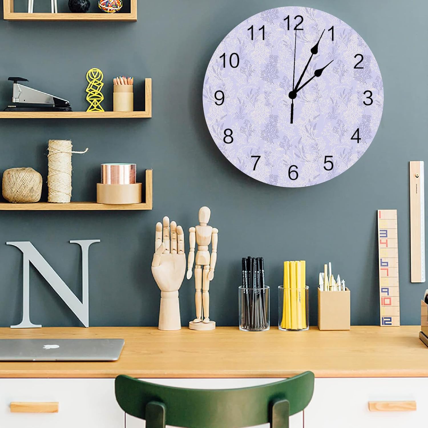 Reloj de pared de 10 pulgadas, silencioso, sin tictac, flores de primavera de lavanda, reloj decorativo redondo para sala de estar, dormitorio,