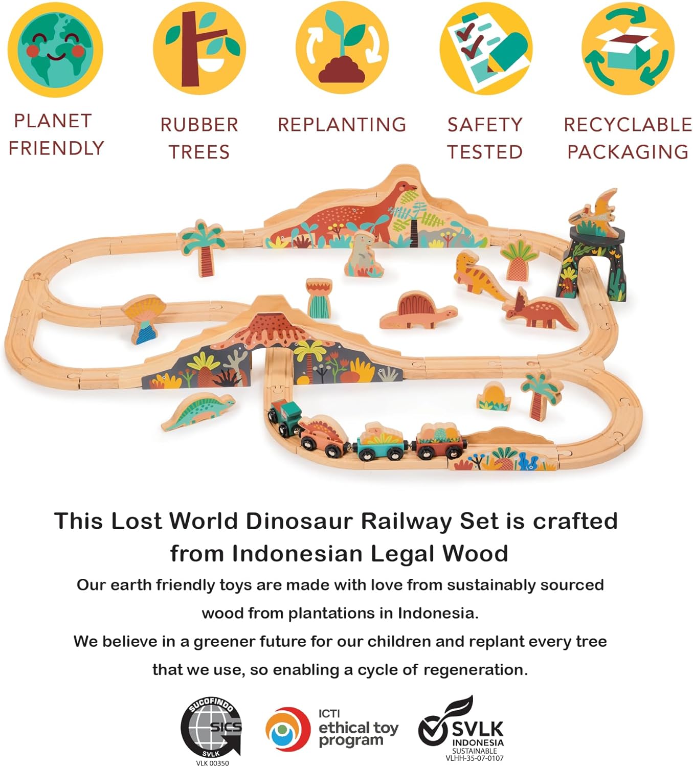 Lost World – Juego de ferrocarril temático de dinosaurios con pistas y accesorios, madera, juego creativo, imaginativo, juguete interactivo